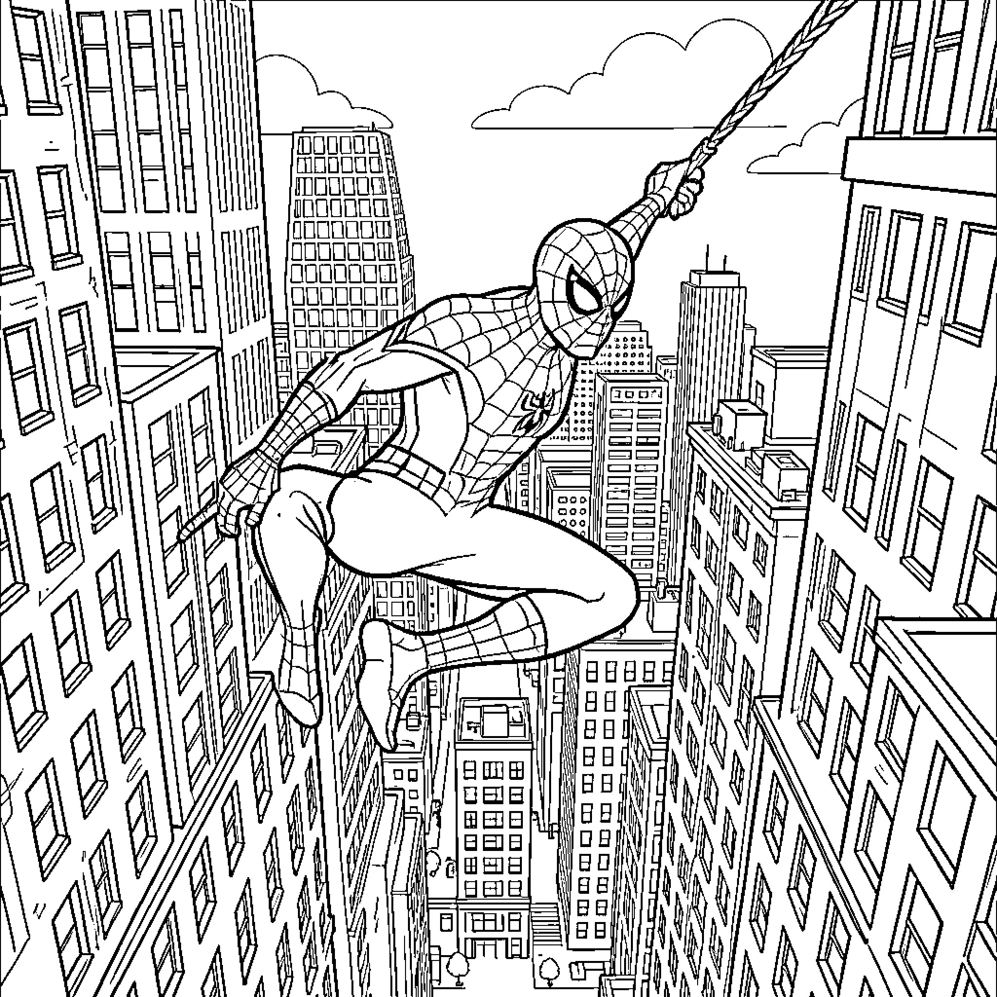 Spider-Man swinging through the city skyscrapers Coloring Page (free black-and-white line drawing printable PDF for all, from beginners to advanced learners, including children, teens, adults, and seniors)