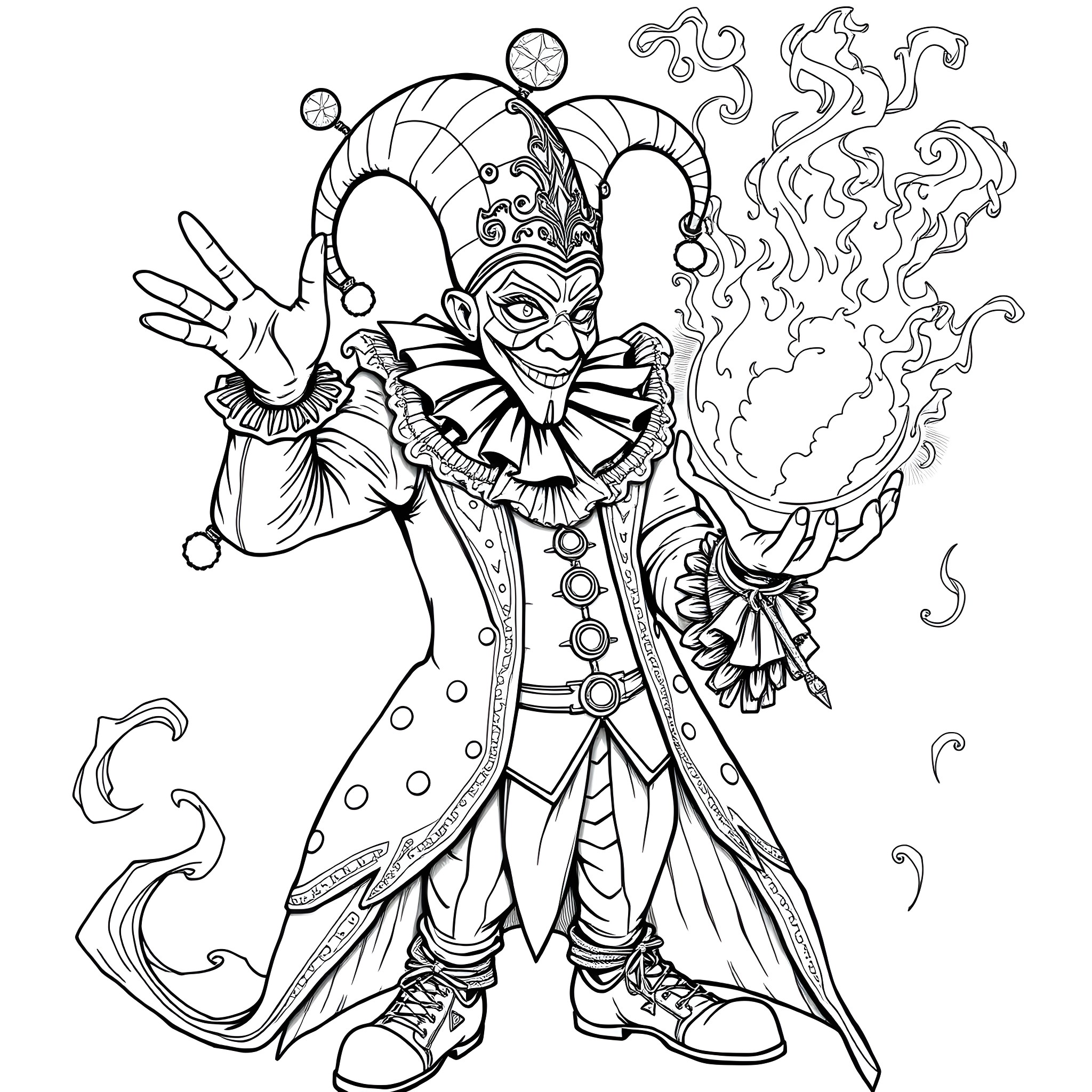 Jester performing magical tricks with colorful smoke Coloring Page (free black-and-white line drawing printable PDF for all, from beginners to advanced learners, including children, teens, adults, and seniors)