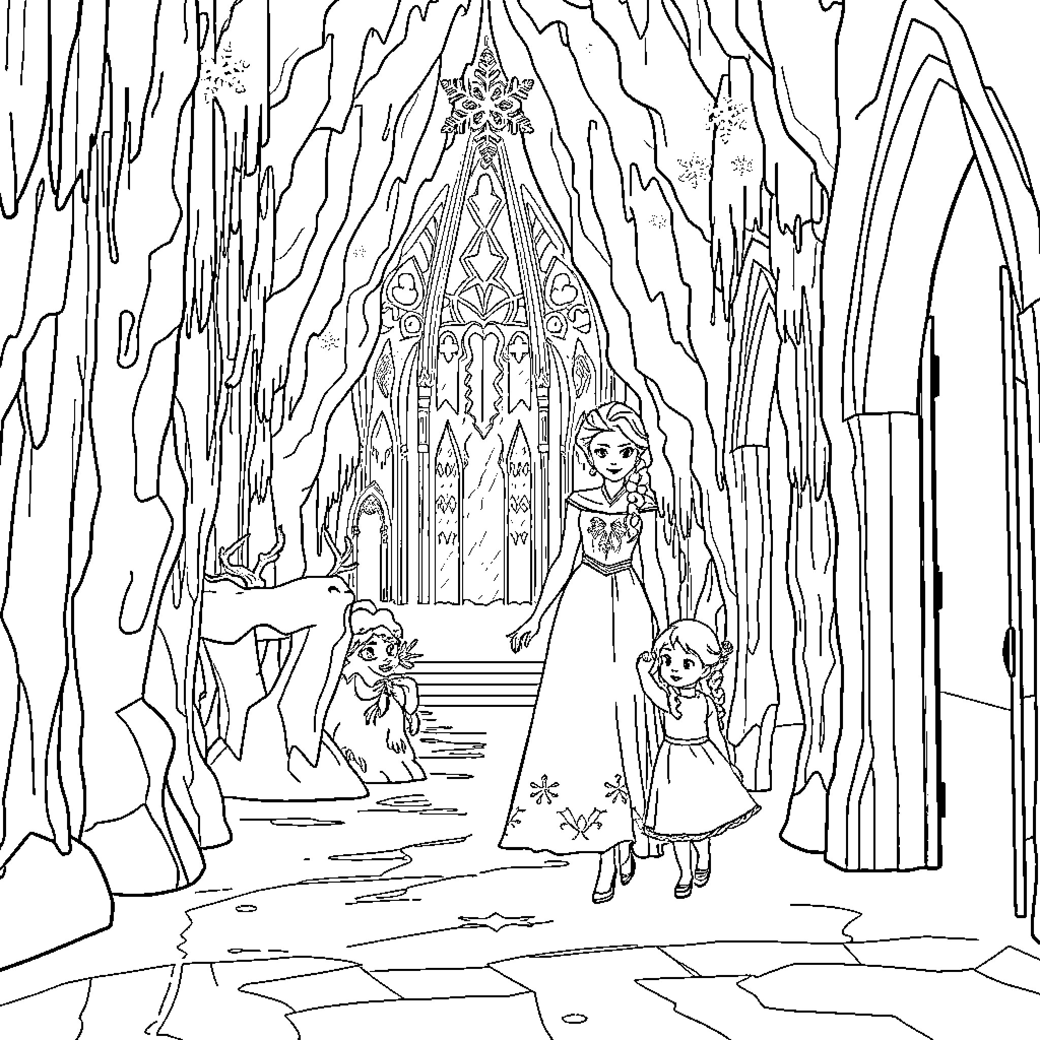 Elsa's Magical Ice Palace Adventure Coloring Page (free black-and-white line drawing printable PDF for all, from beginners to advanced learners, including children, teens, adults, and seniors)