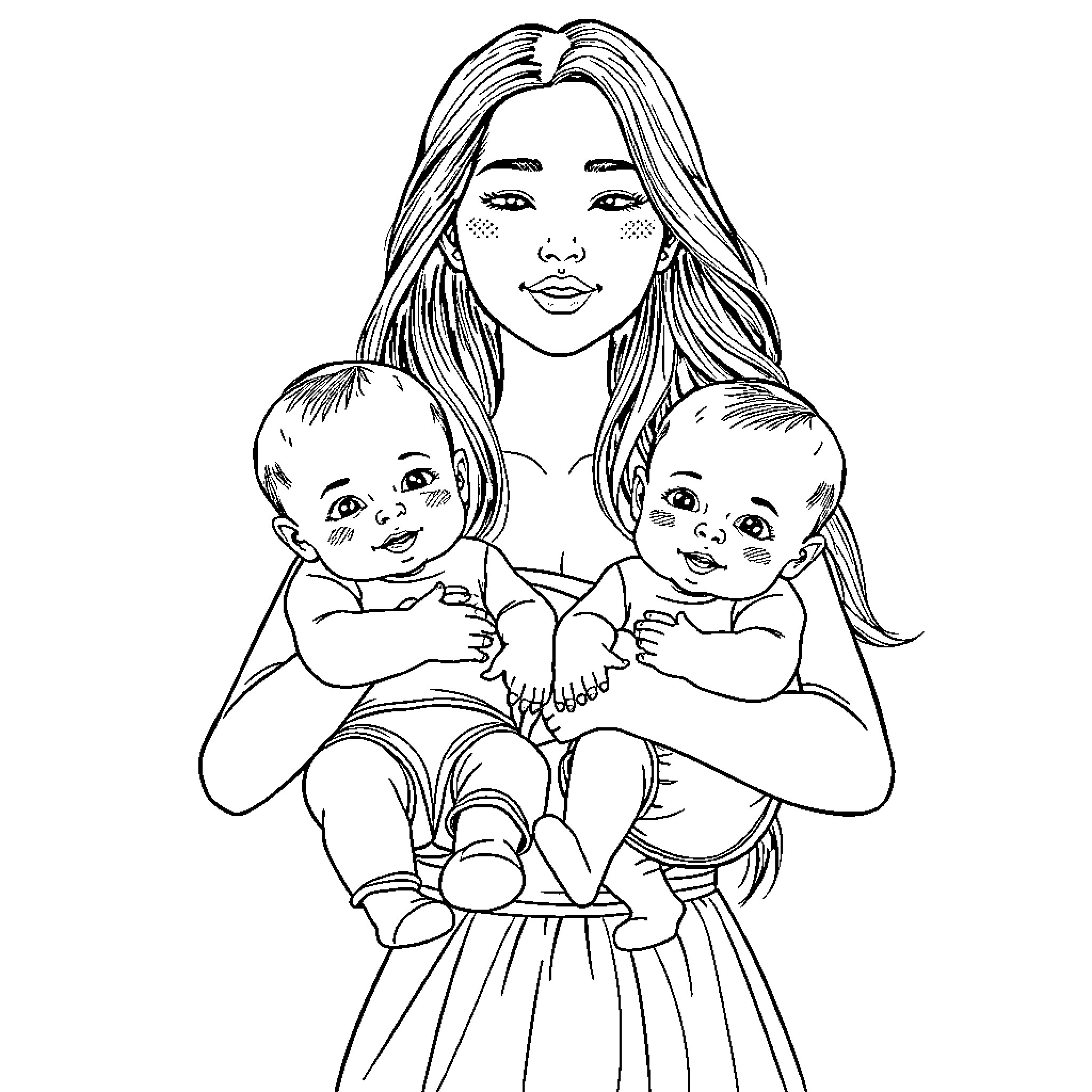 Woman holding and caring for two babies Coloring Page (free black-and-white line drawing printable PDF for all, from beginners to advanced learners, including children, teens, adults, and seniors)