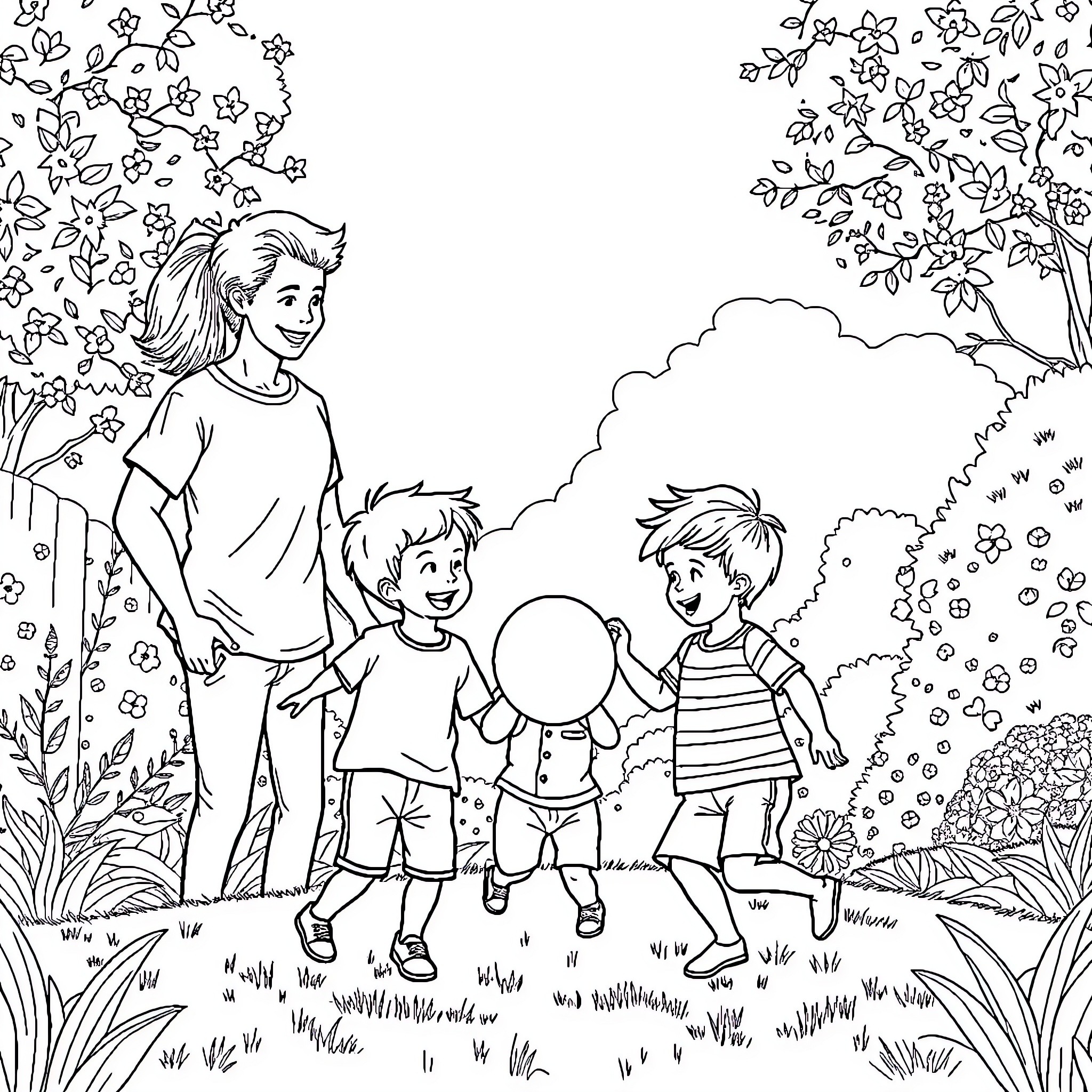 Family enjoying outdoor nature scenery Coloring Page (free black-and-white line drawing printable PDF for all, from beginners to advanced learners, including children, teens, adults, and seniors)