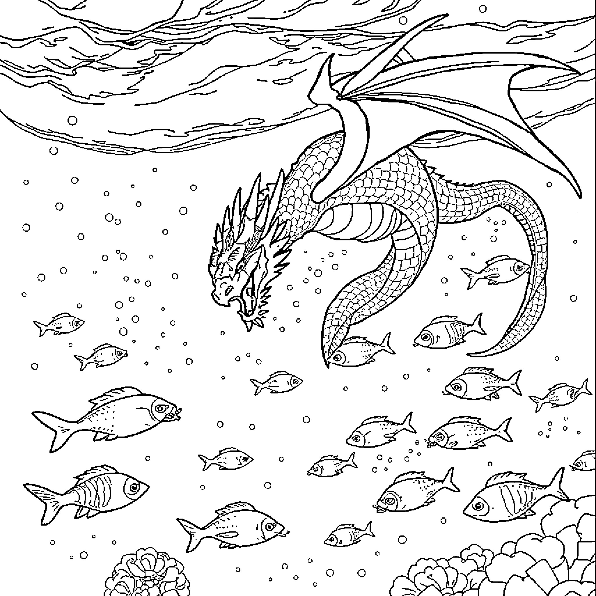 Dragon swimming among underwater ocean wildlife Coloring Page (free black-and-white line drawing printable PDF for all, from beginners to advanced learners, including children, teens, adults, and seniors)