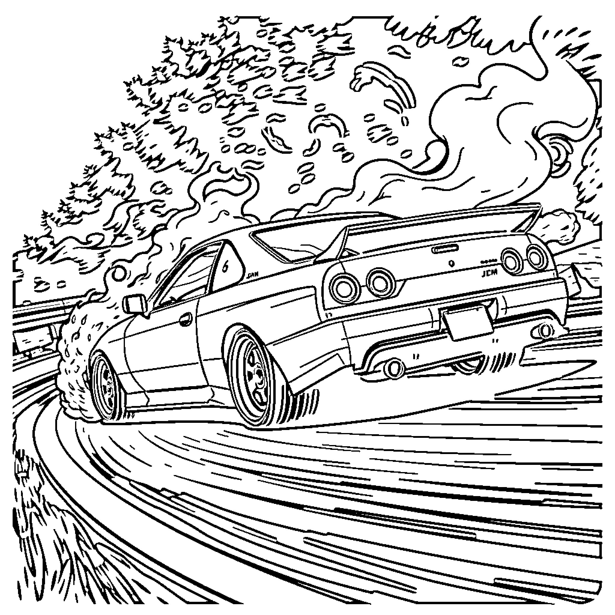 JDM Car drifting on winding road Coloring Page (free black-and-white line drawing printable PDF for all, from beginners to advanced learners, including children, teens, adults, and seniors)