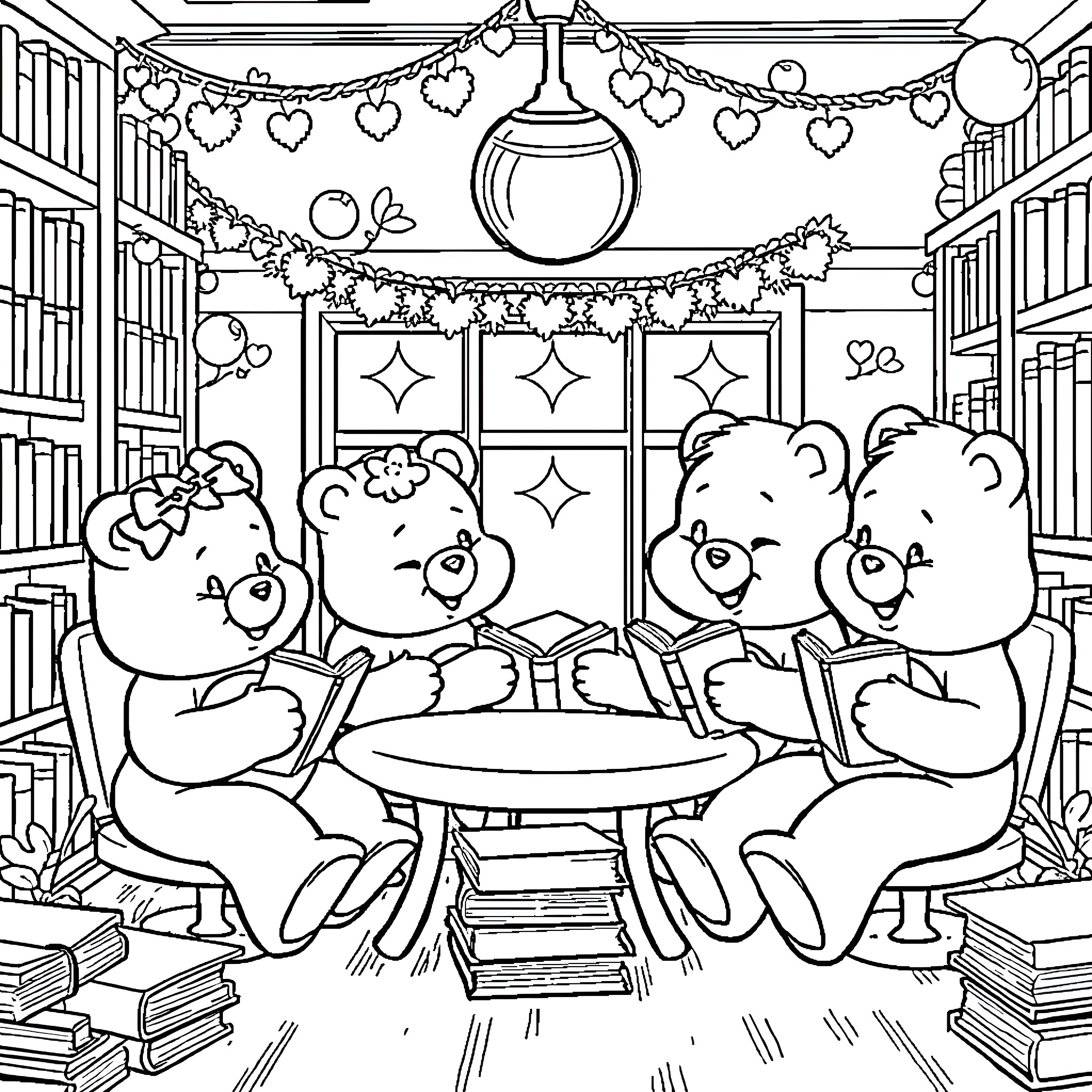 Care Bear friends enjoying a cozy afternoon in the library Coloring Page (free black-and-white line drawing printable PDF for all, from beginners to advanced learners, including children, teens, adults, and seniors)