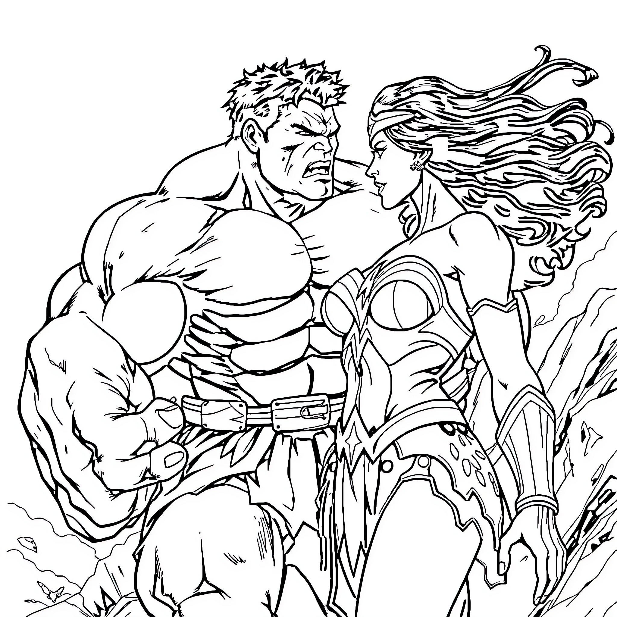Hulk confronting a fierce female warrior Coloring Page (free black-and-white line drawing printable PDF for all, from beginners to advanced learners, including children, teens, adults, and seniors)