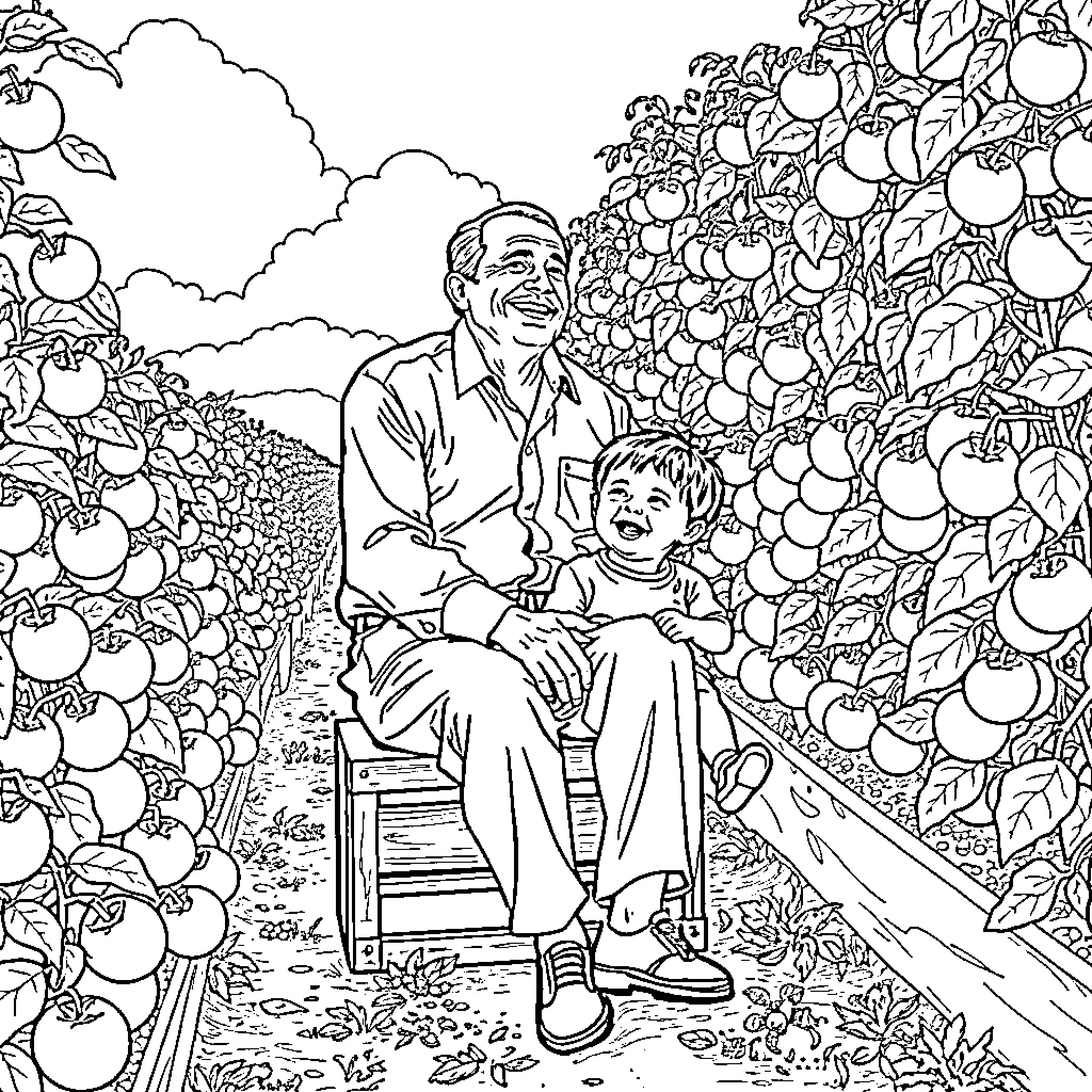 Vito Corleone spending quality time with his family Coloring Page (free black-and-white line drawing printable PDF for all, from beginners to advanced learners, including children, teens, adults, and seniors)