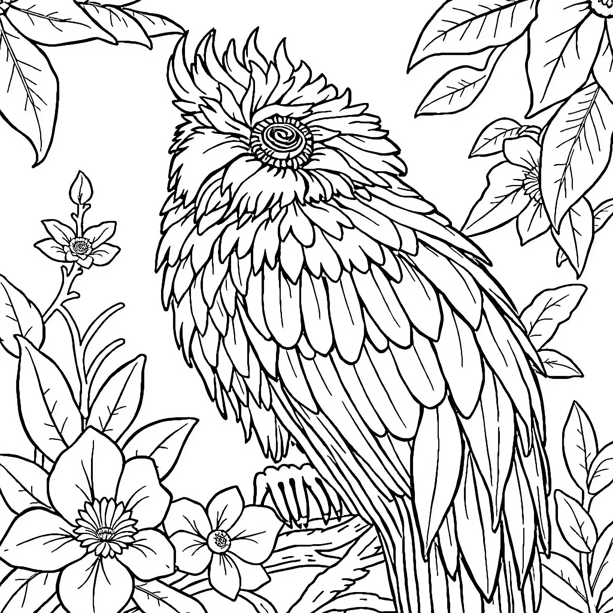 Animal bird perched among floral elements Coloring Page (free black-and-white line drawing printable PDF for all, from beginners to advanced learners, including children, teens, adults, and seniors)