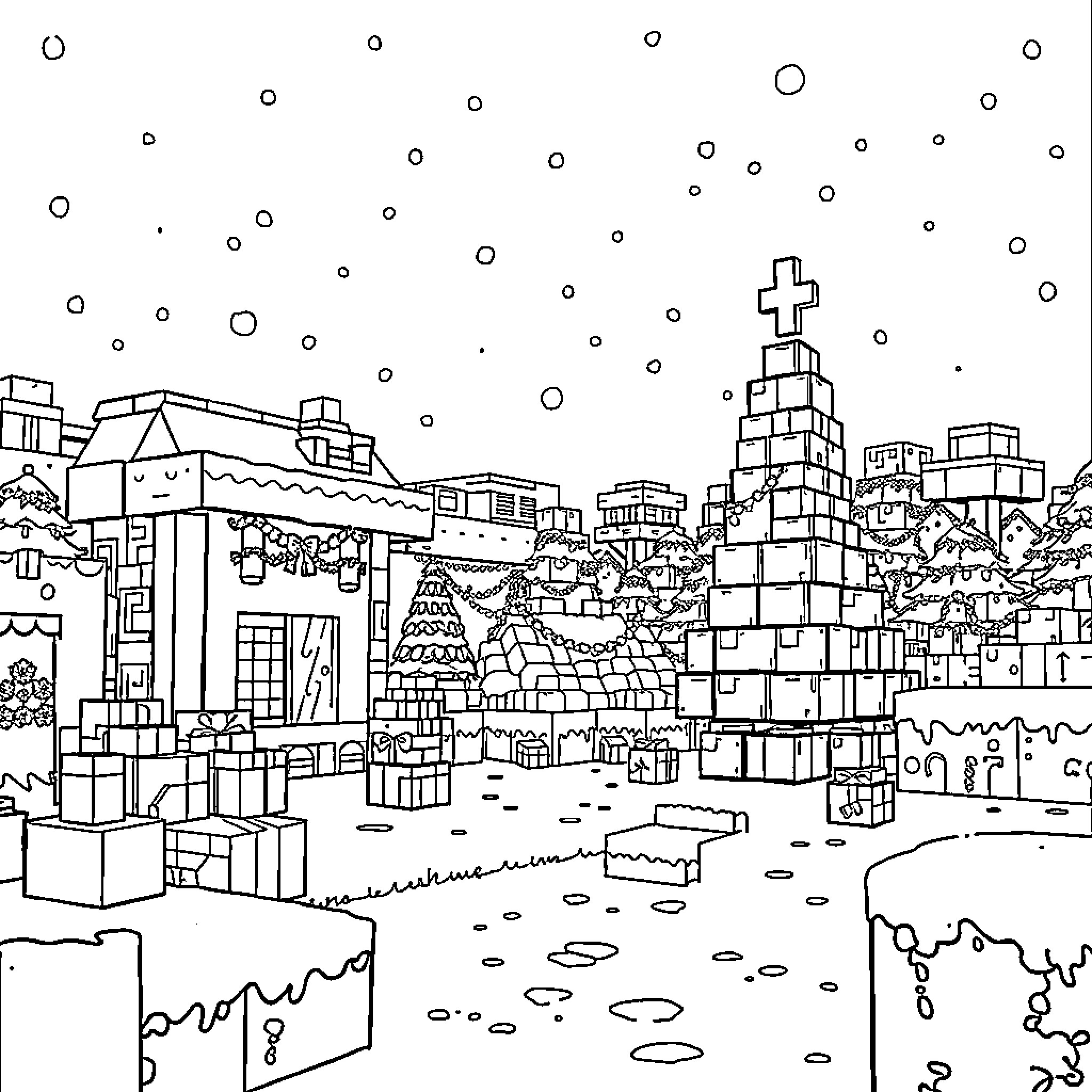 Minecraft cityscape with various structures and buildings Coloring Page (free black-and-white line drawing printable PDF for all, from beginners to advanced learners, including children, teens, adults, and seniors)
