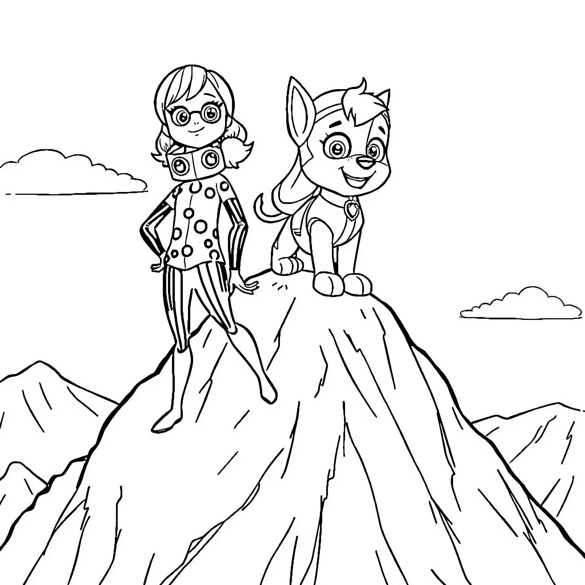 Ladybug and puppy exploring mountainous terrain Coloring Page (free black-and-white line drawing printable PDF for all, from beginners to advanced learners, including children, teens, adults, and seniors)