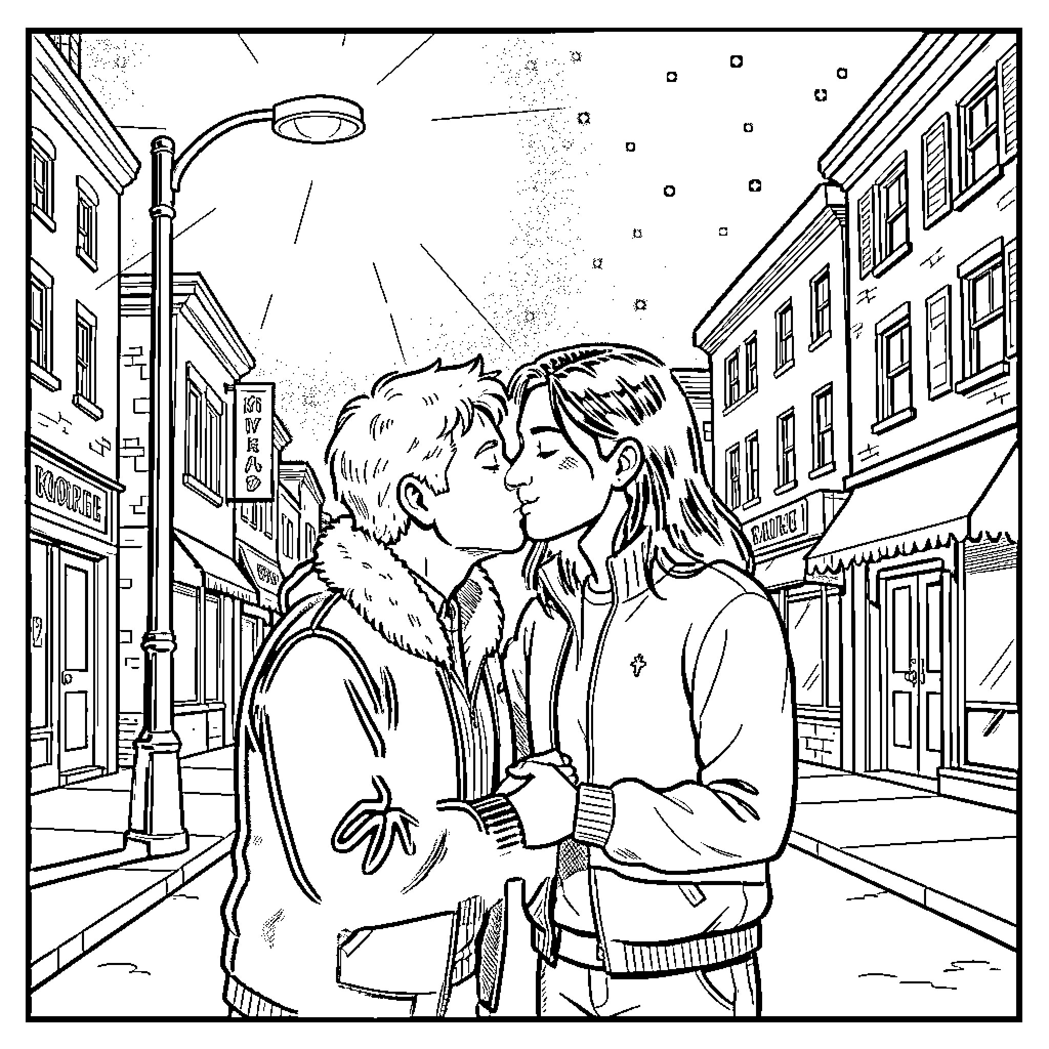 Kase: Intimate Embrace on Snowy City Street Coloring Page (free black-and-white line drawing printable PDF for all, from beginners to advanced learners, including children, teens, adults, and seniors)