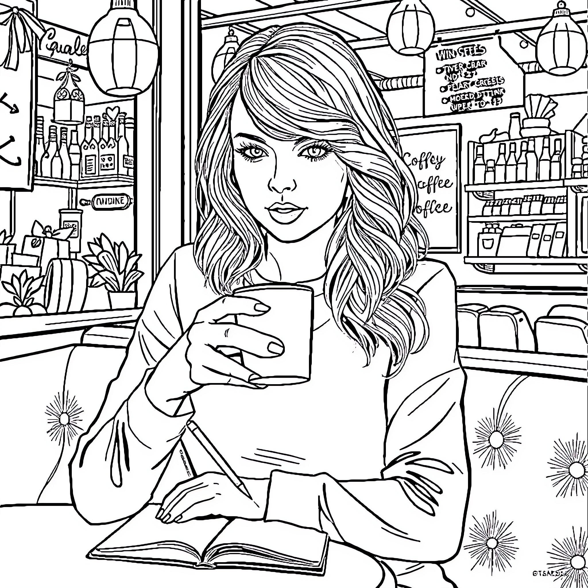 Taylor Swift relaxing with a book in a cozy cafe Coloring Page (free black-and-white line drawing printable PDF for all, from beginners to advanced learners, including children, teens, adults, and seniors)