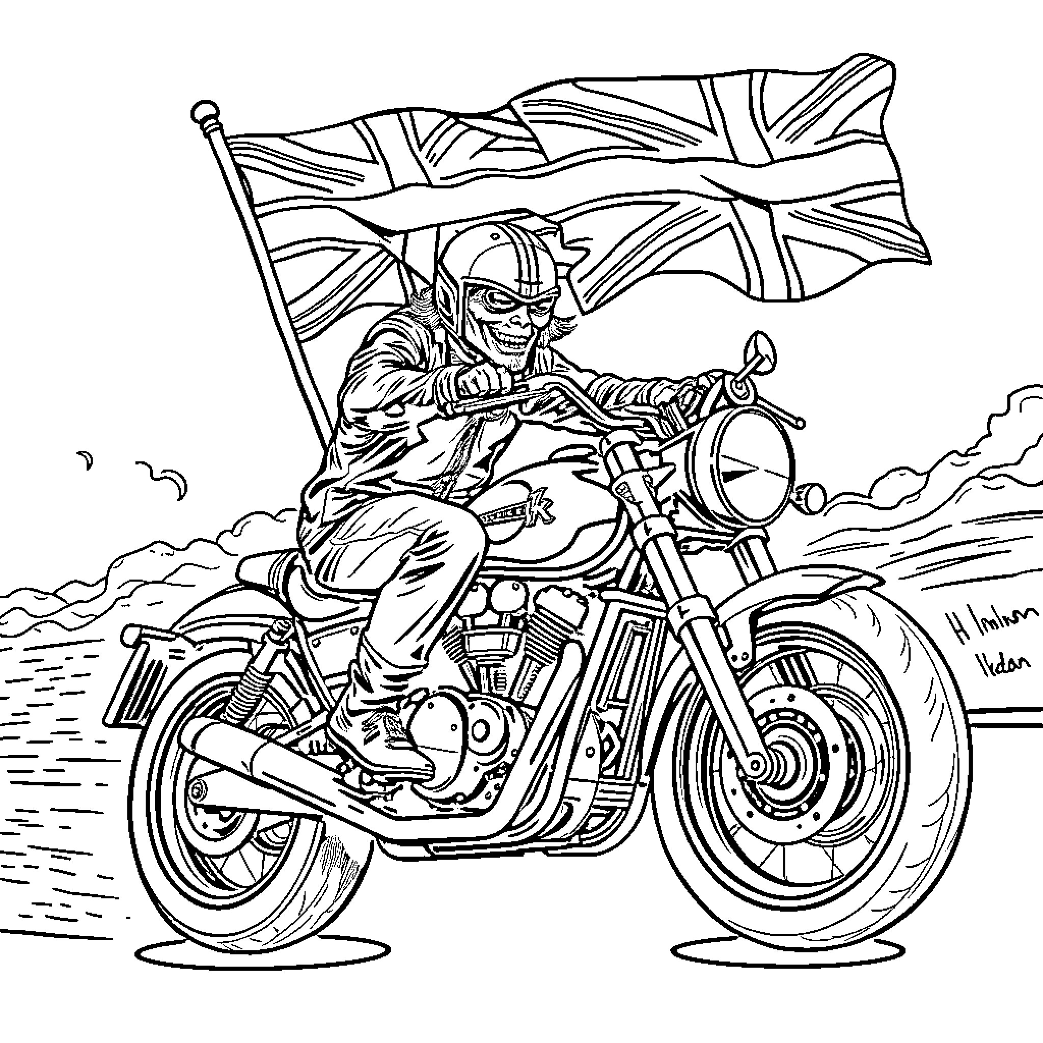 Eddie riding a motorcycle with a Union Jack flag Coloring Page (free black-and-white line drawing printable PDF for all, from beginners to advanced learners, including children, teens, adults, and seniors)
