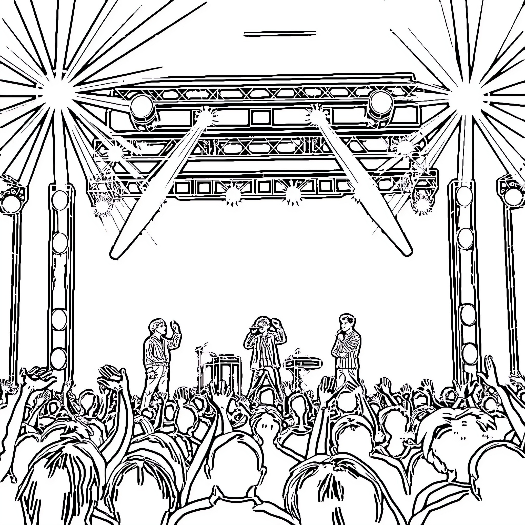 BTS performing on stage with energetic crowd Coloring Page (free black-and-white line drawing printable PDF for all, from beginners to advanced learners, including children, teens, adults, and seniors)