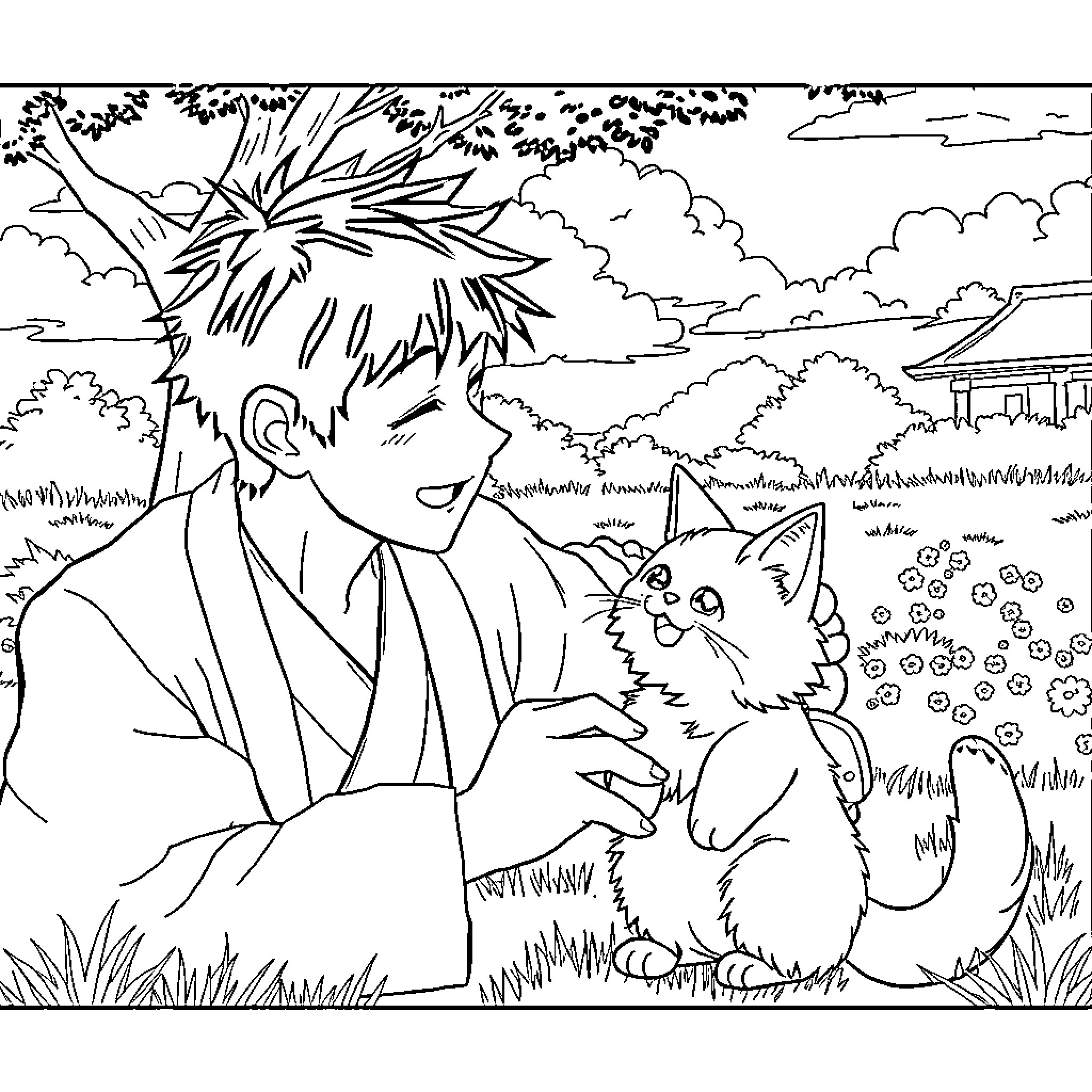 Gojo playing with a fluffy companion in nature Coloring Page (free black-and-white line drawing printable PDF for all, from beginners to advanced learners, including children, teens, adults, and seniors)