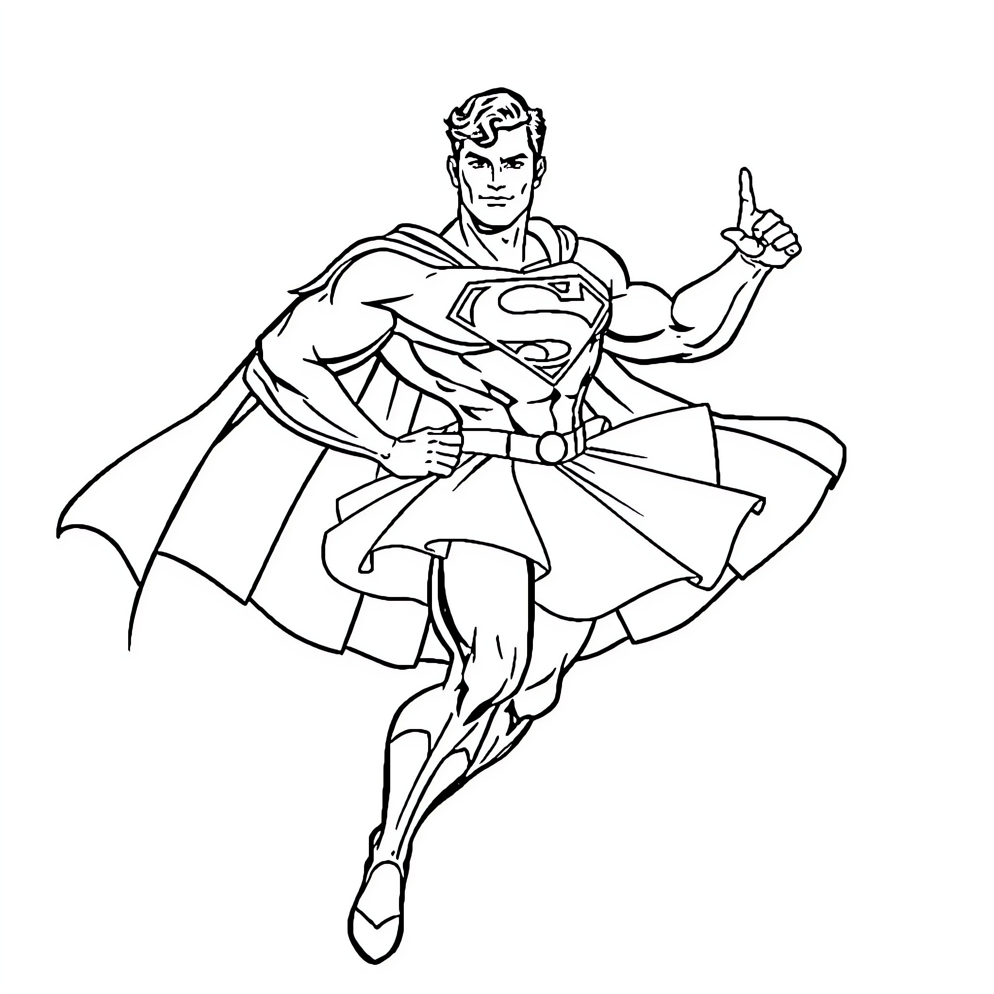 Superman flying with heroic stance Coloring Page (free black-and-white line drawing printable PDF for all, from beginners to advanced learners, including children, teens, adults, and seniors)