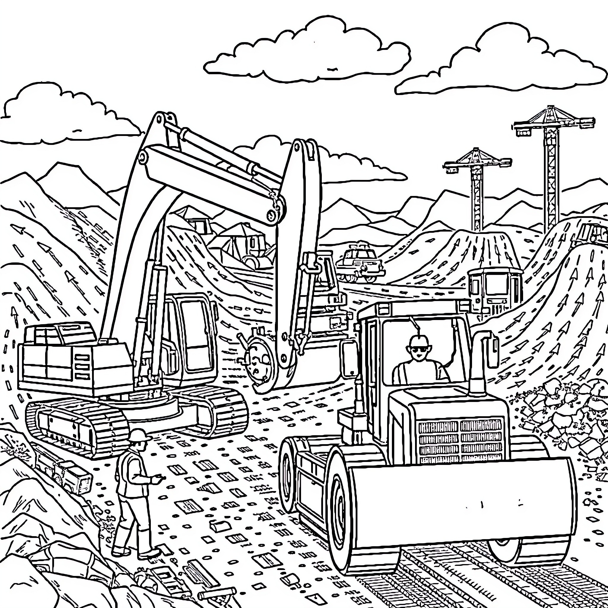 Excavator at construction site with cranes and machinery Coloring Page (free black-and-white line drawing printable PDF for all, from beginners to advanced learners, including children, teens, adults, and seniors)