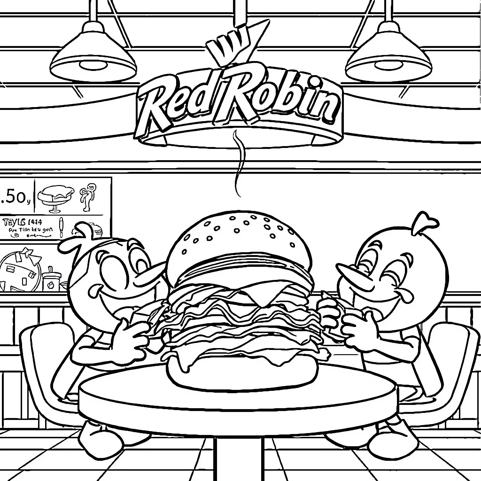 Robin enjoying a delicious burger at the diner Coloring Page (free black-and-white line drawing printable PDF for all, from beginners to advanced learners, including children, teens, adults, and seniors)