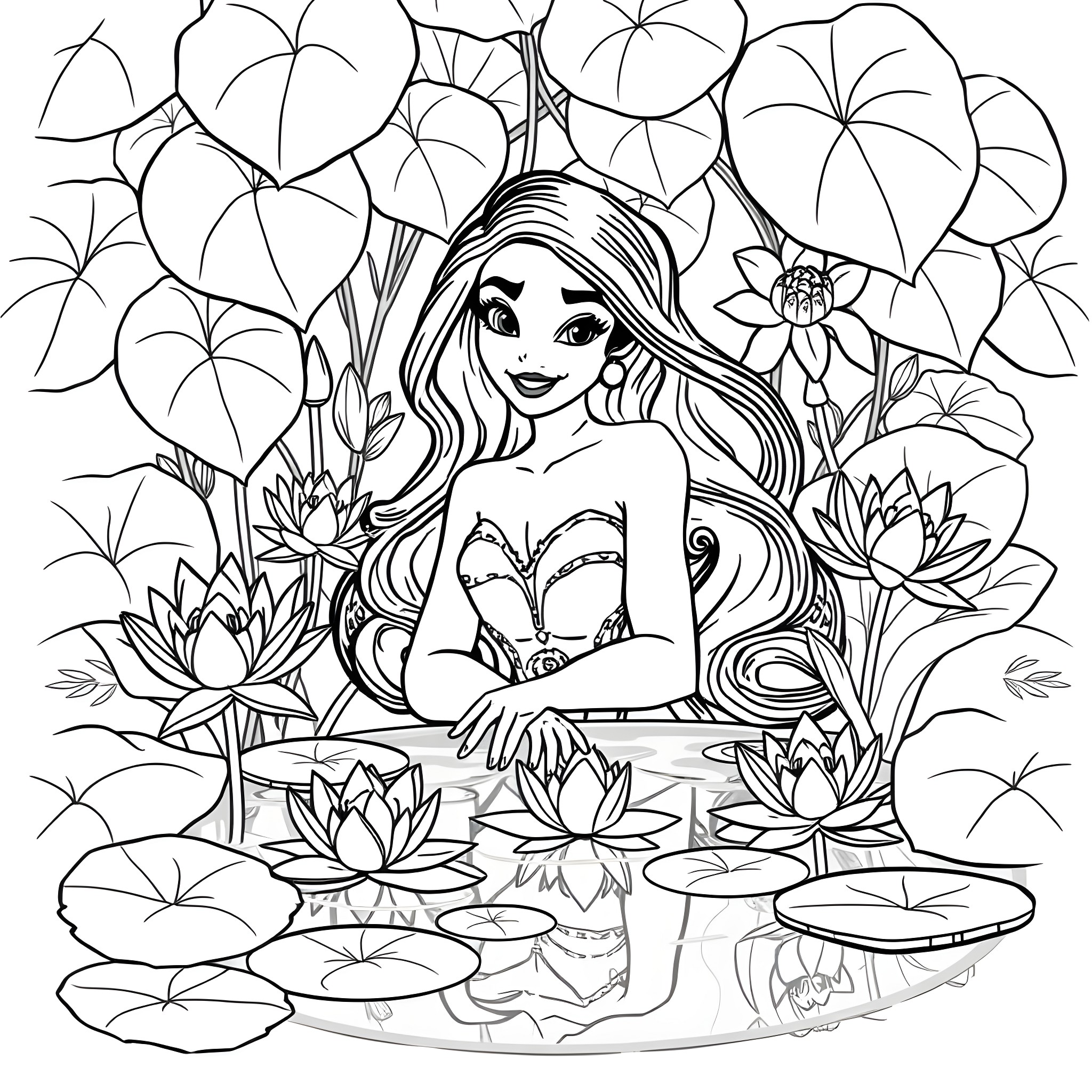Tiana surrounded by whimsical flora and fauna Coloring Page (free black-and-white line drawing printable PDF for all, from beginners to advanced learners, including children, teens, adults, and seniors)