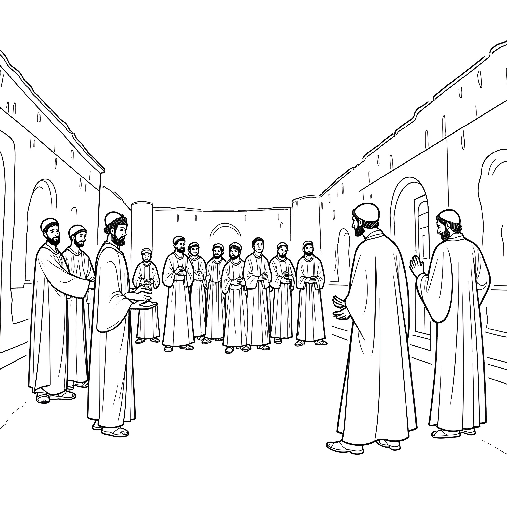 Courtyard gathering of robed figures Coloring Page (free black-and-white line drawing printable PDF for all, from beginners to advanced learners, including children, teens, adults, and seniors)