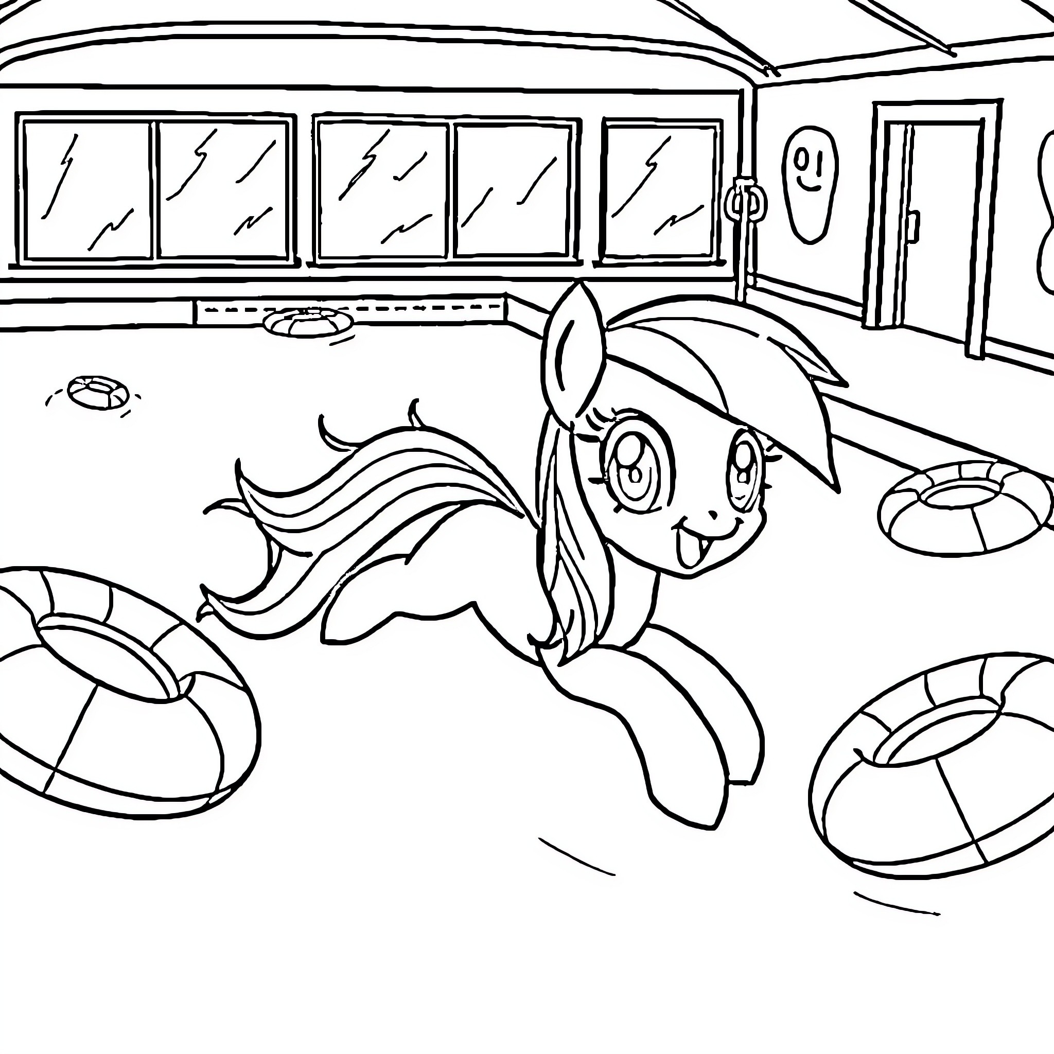 Rainbow Dash playing happily in the pool Coloring Page (free black-and-white line drawing printable PDF for all, from beginners to advanced learners, including children, teens, adults, and seniors)