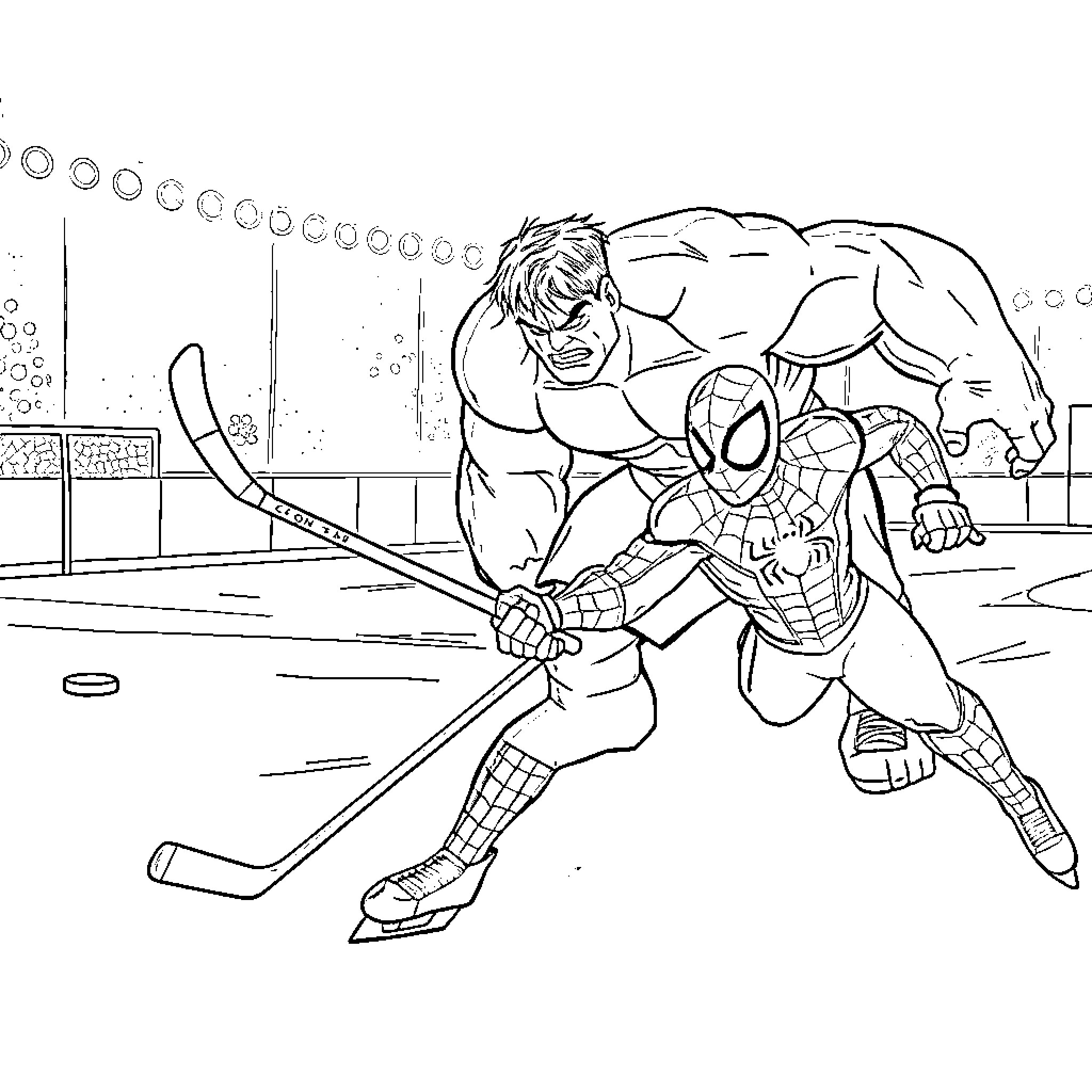 Spiderman and the Hulk face off on the hockey rink Coloring Page (free black-and-white line drawing printable PDF for all, from beginners to advanced learners, including children, teens, adults, and seniors)