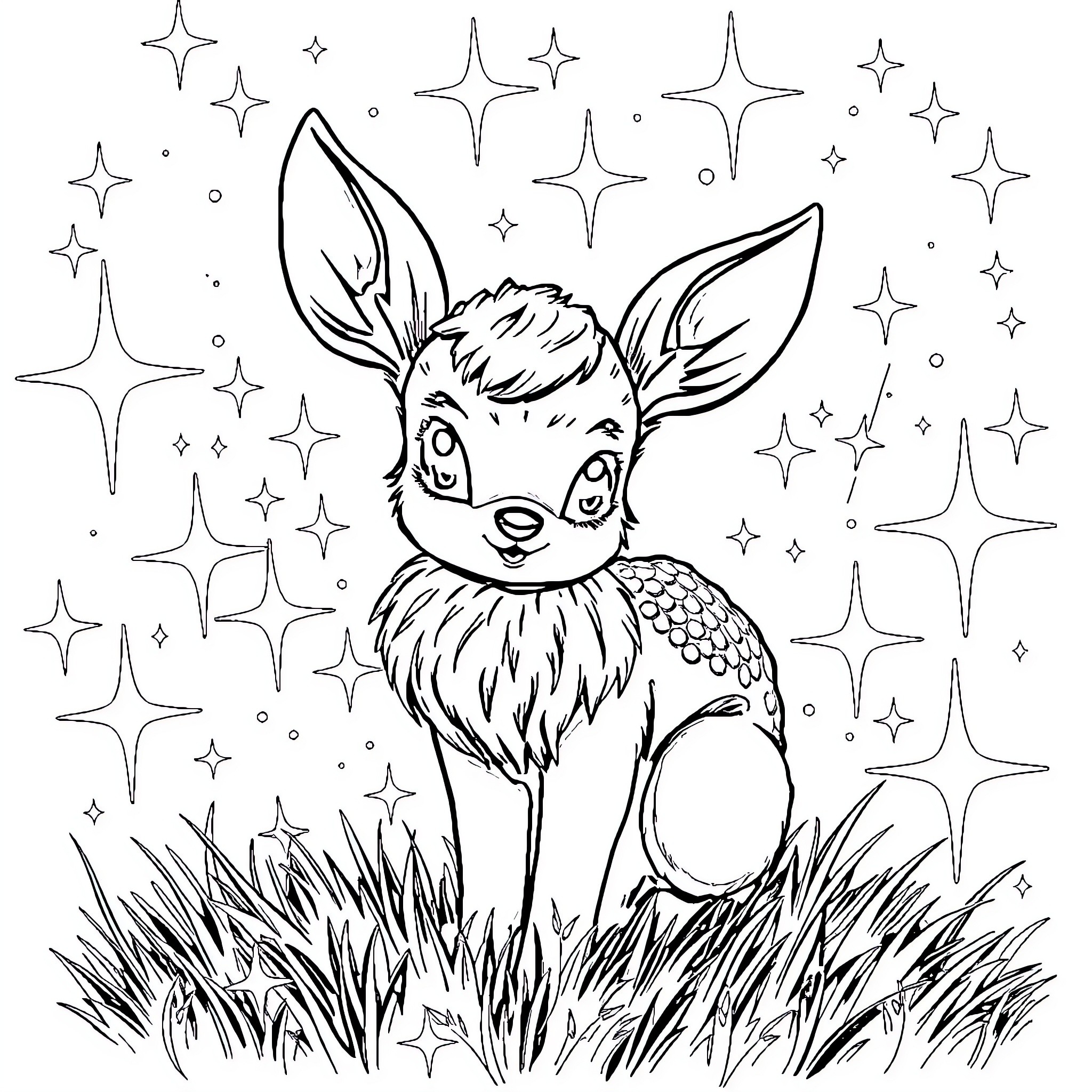 Eevee enjoying the starry night in a meadow Coloring Page (free black-and-white line drawing printable PDF for all, from beginners to advanced learners, including children, teens, adults, and seniors)