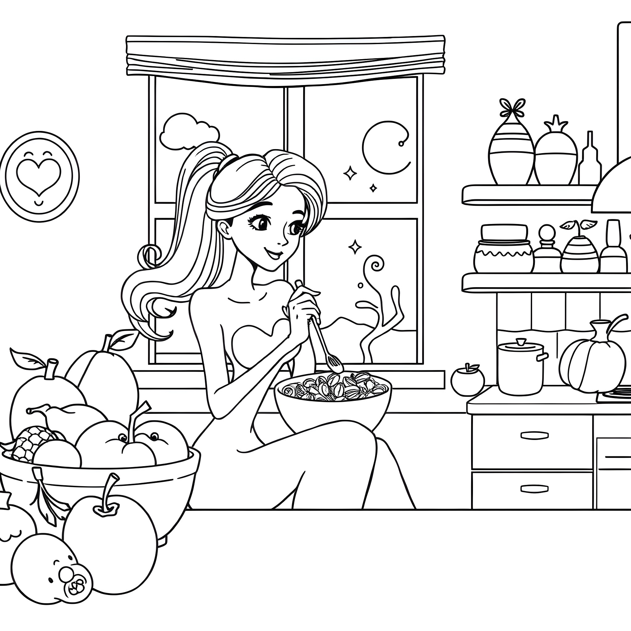 Lady Preparing a Delightful Meal in the Kitchen Coloring Page (free black-and-white line drawing printable PDF for all, from beginners to advanced learners, including children, teens, adults, and seniors)