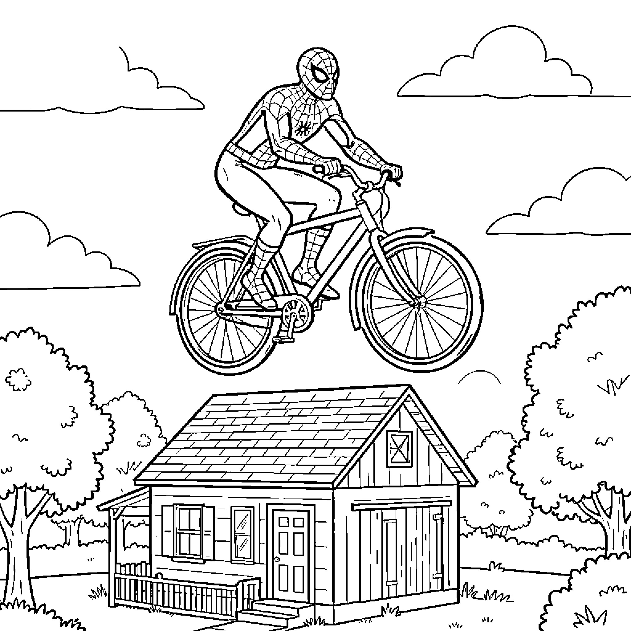 Bicycle riding superhero performing a jump over a house Coloring Page (free black-and-white line drawing printable PDF for all, from beginners to advanced learners, including children, teens, adults, and seniors)