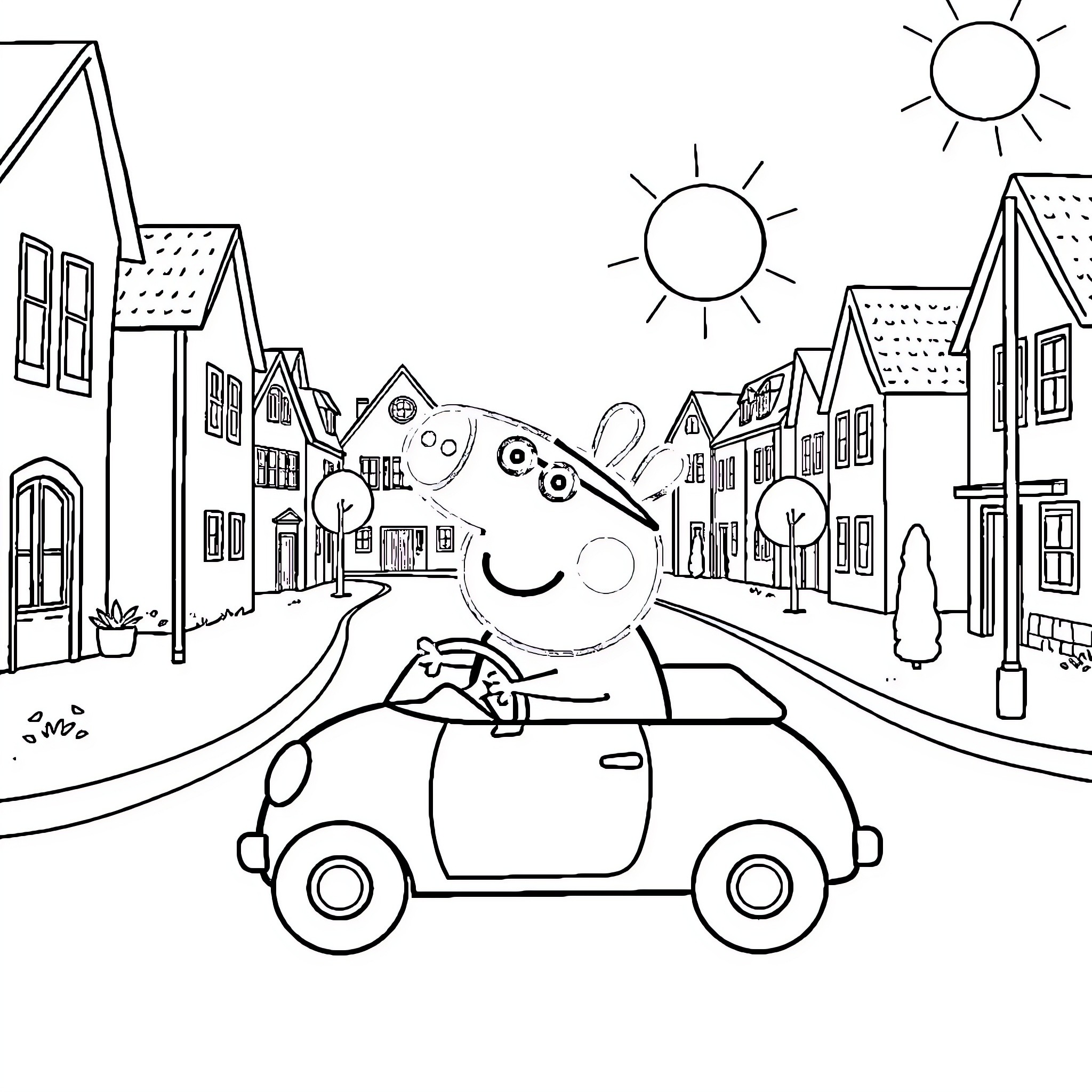 Peppa Pig driving happily through a sunny town Coloring Page (free black-and-white line drawing printable PDF for all, from beginners to advanced learners, including children, teens, adults, and seniors)