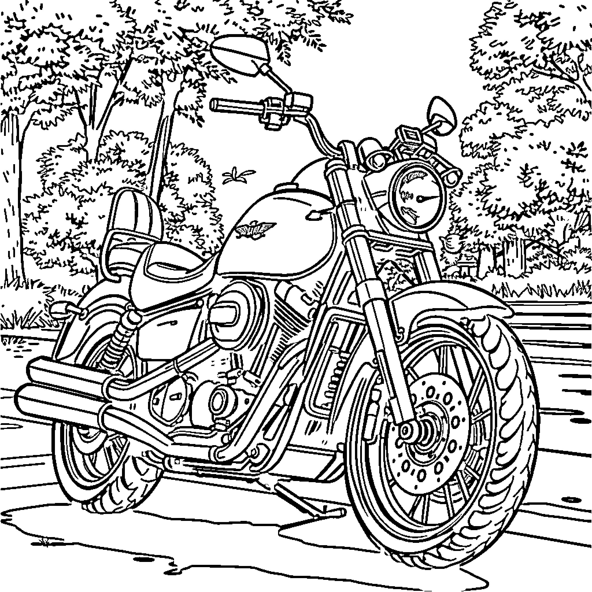 Moto Ride in Scenic Woodland Coloring Page (free black-and-white line drawing printable PDF for all, from beginners to advanced learners, including children, teens, adults, and seniors)