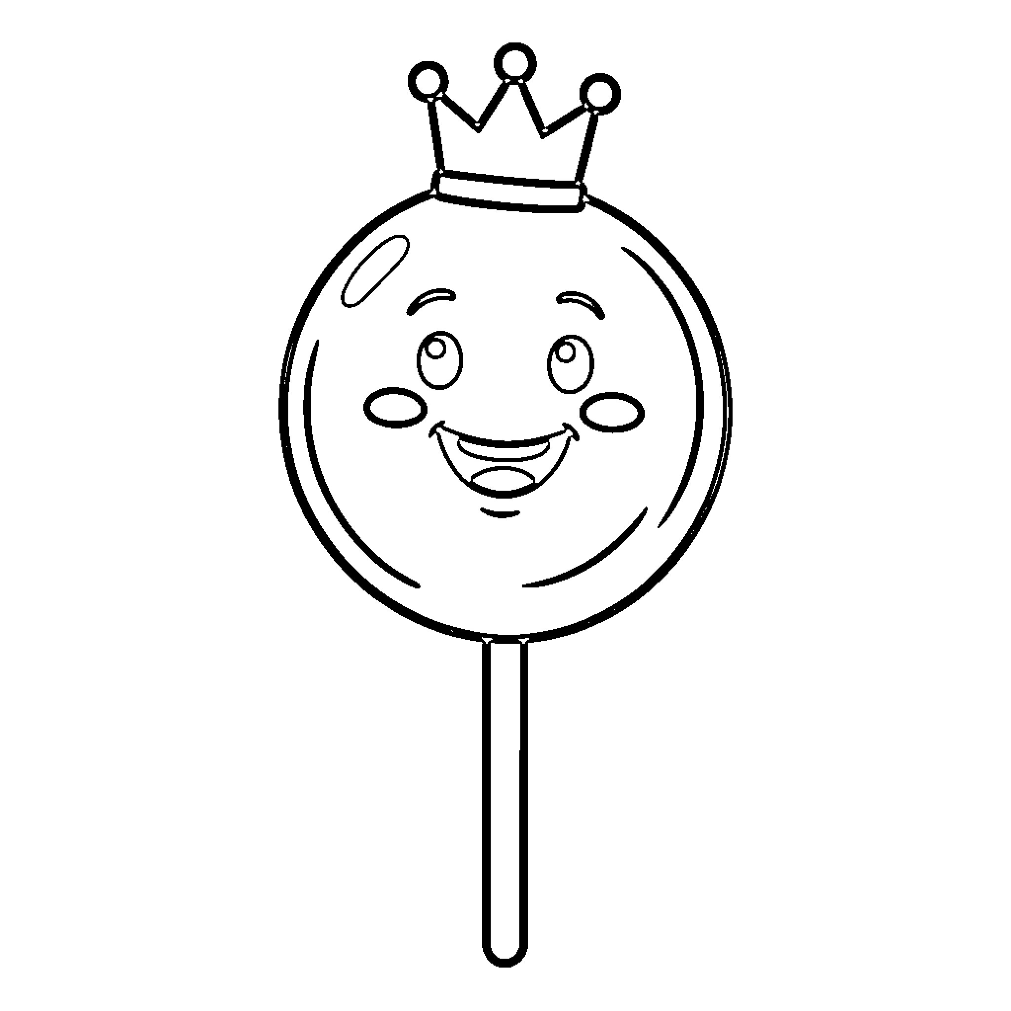 Lollipop wearing a crown and smiling happily Coloring Page (free black-and-white line drawing printable PDF for all, from beginners to advanced learners, including children, teens, adults, and seniors)