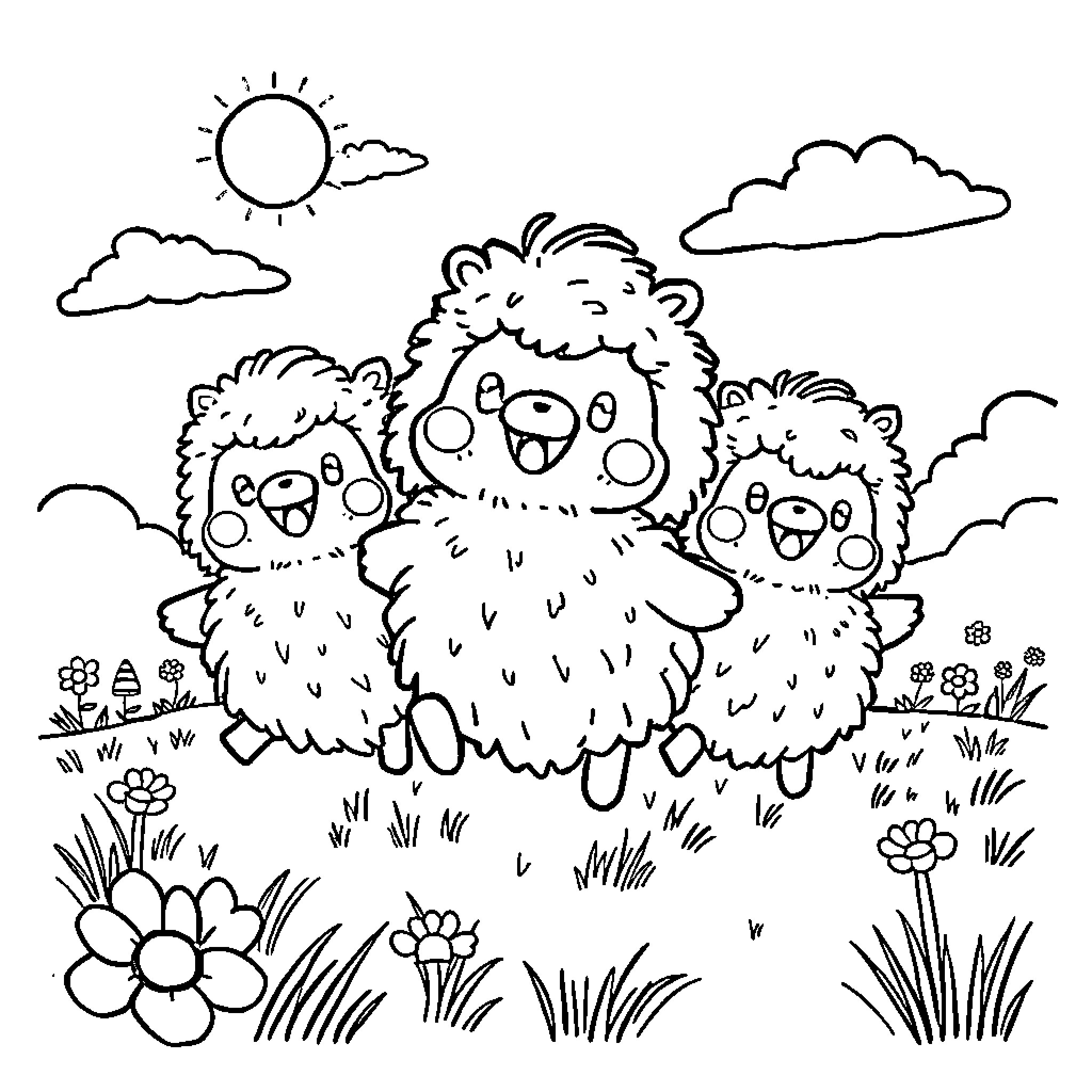 Haahoo Fuzzy Creatures Frolicking in the Meadow Coloring Page (free black-and-white line drawing printable PDF for all, from beginners to advanced learners, including children, teens, adults, and seniors)