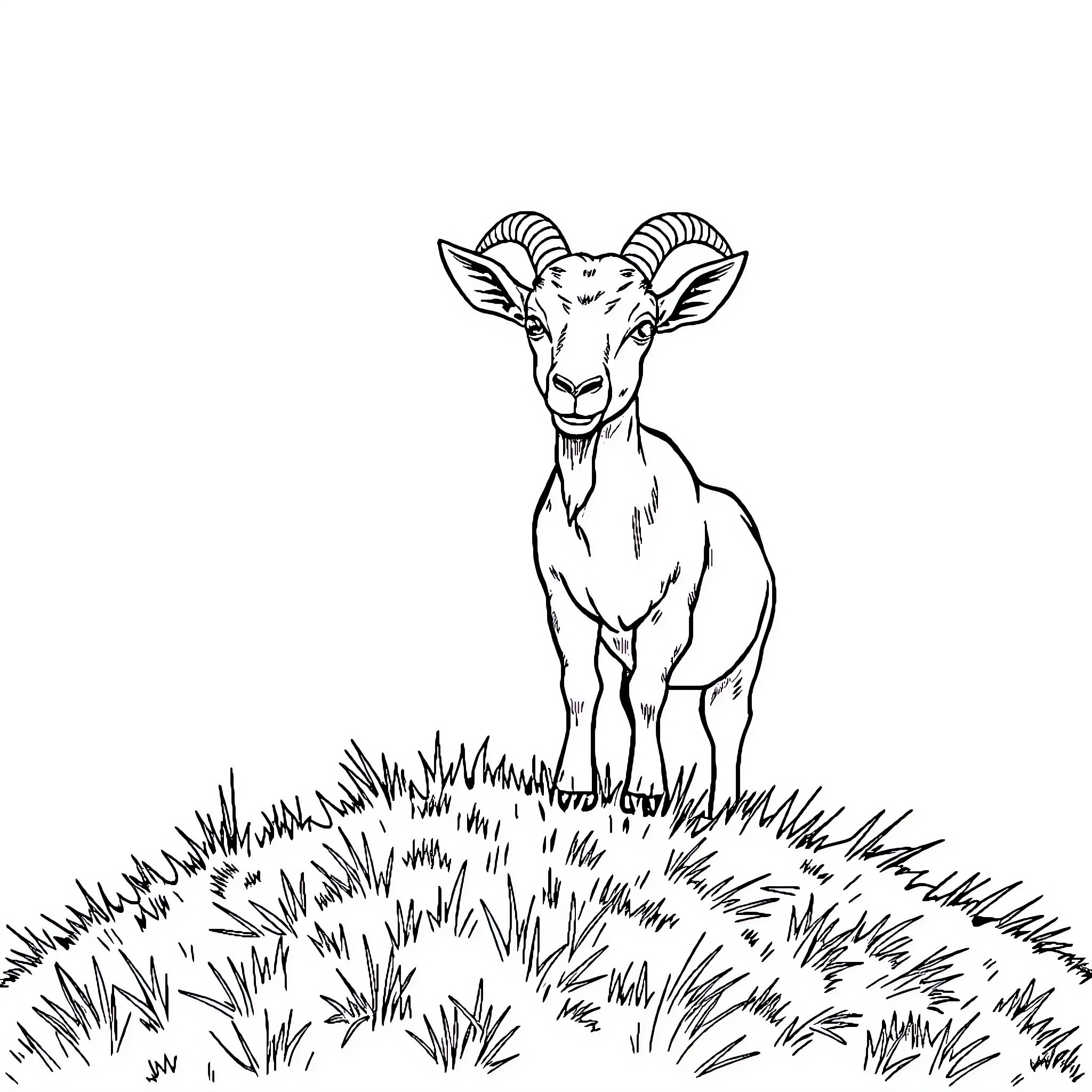 Goat standing confidently in tall grass Coloring Page (free black-and-white line drawing printable PDF for all, from beginners to advanced learners, including children, teens, adults, and seniors)
