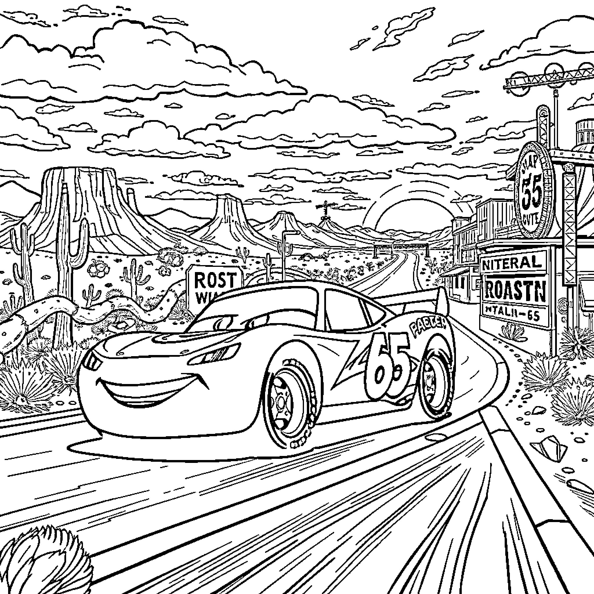 Lightning McQueen racing through a desert town Coloring Page (free black-and-white line drawing printable PDF for all, from beginners to advanced learners, including children, teens, adults, and seniors)