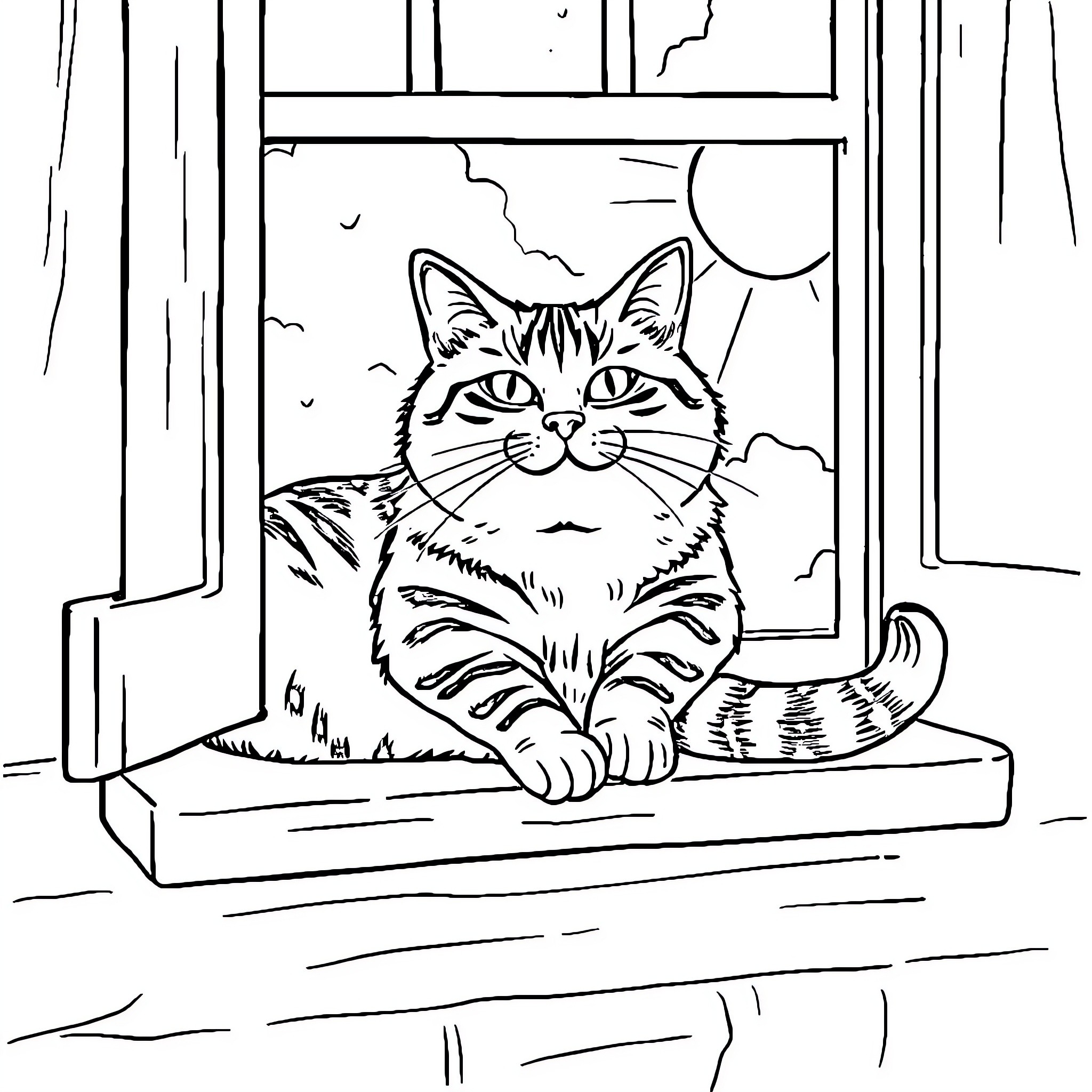 Tabby Cat Relaxing in Window Coloring Page (free black-and-white line drawing printable PDF for all, from beginners to advanced learners, including children, teens, adults, and seniors)