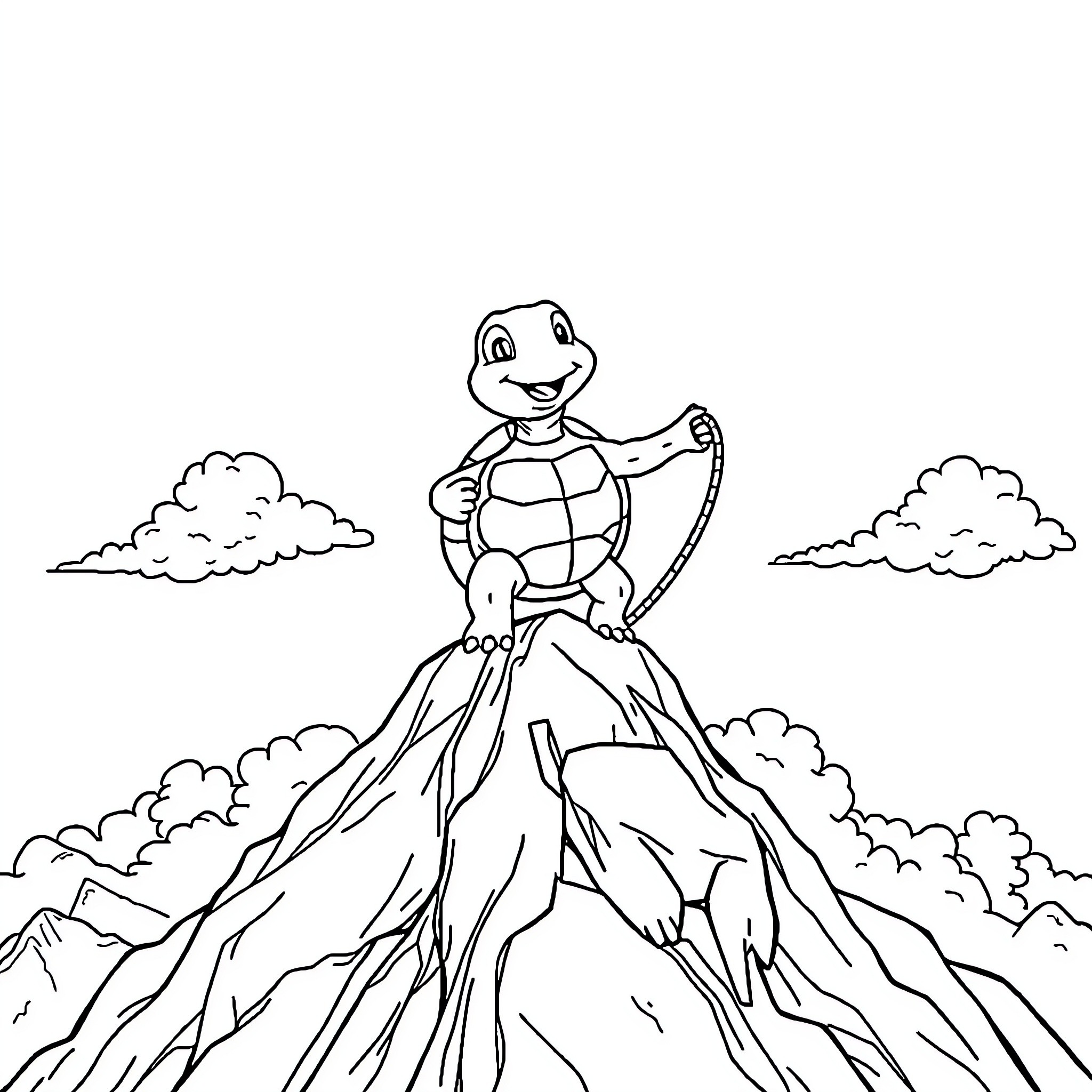 Turtle climbing a rocky mountain peak Coloring Page (free black-and-white line drawing printable PDF for all, from beginners to advanced learners, including children, teens, adults, and seniors)