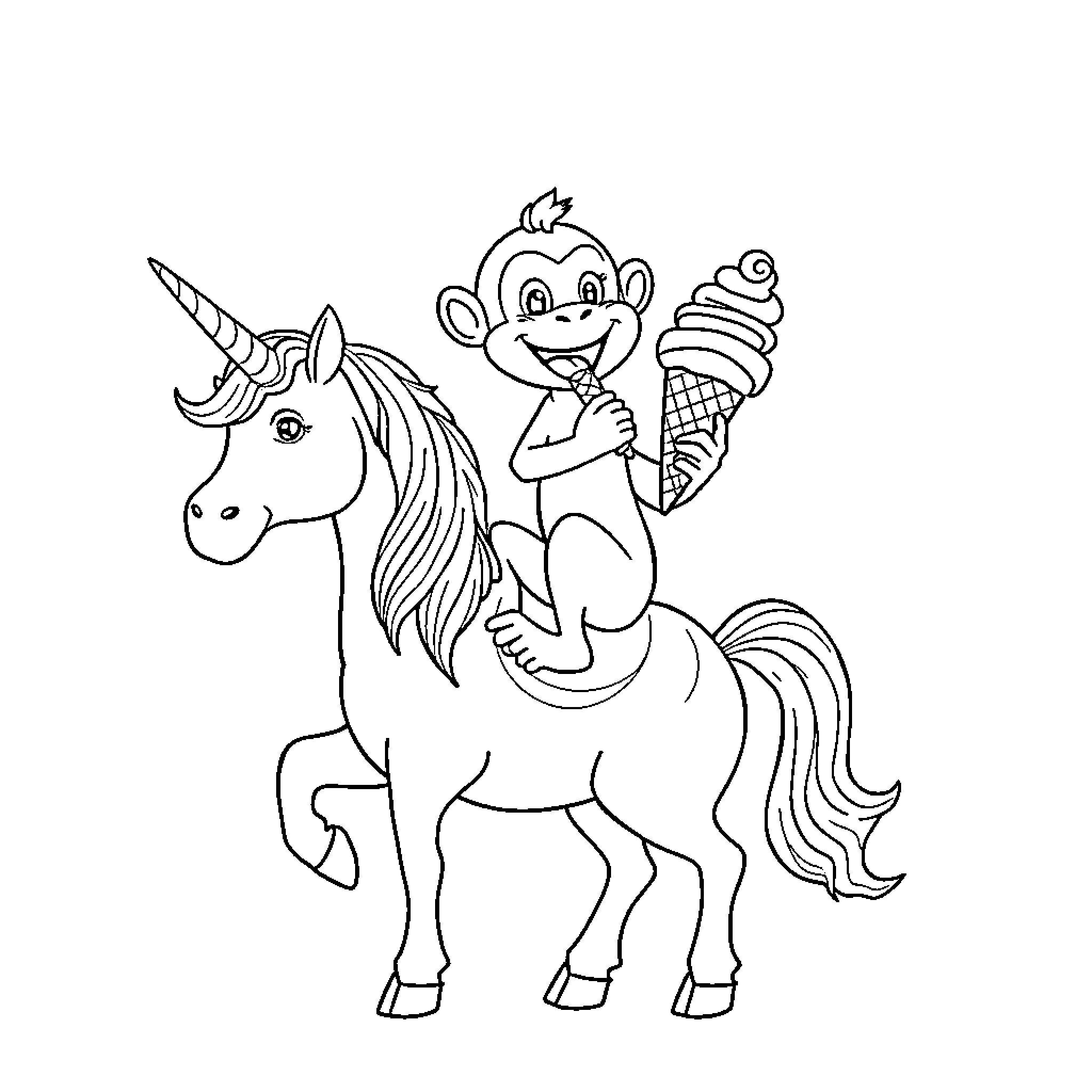 Monkey riding a unicorn with an ice cream cone Coloring Page (free black-and-white line drawing printable PDF for all, from beginners to advanced learners, including children, teens, adults, and seniors)