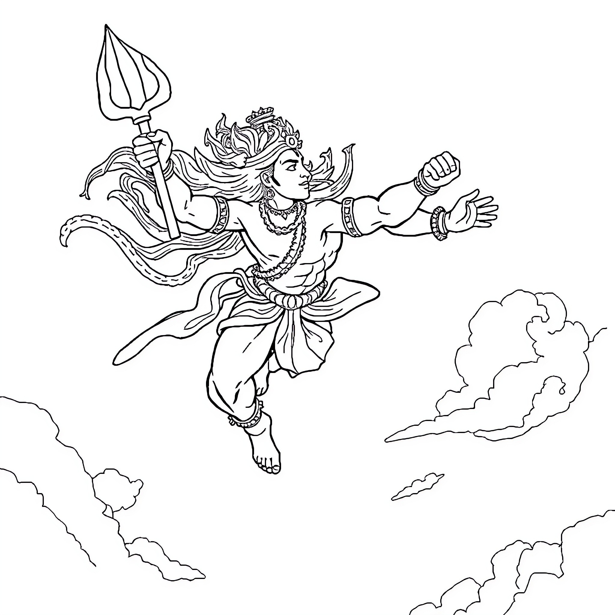 Hanuman, the Heroic Monkey God, in Majestic Pose Coloring Page (free black-and-white line drawing printable PDF for all, from beginners to advanced learners, including children, teens, adults, and seniors)