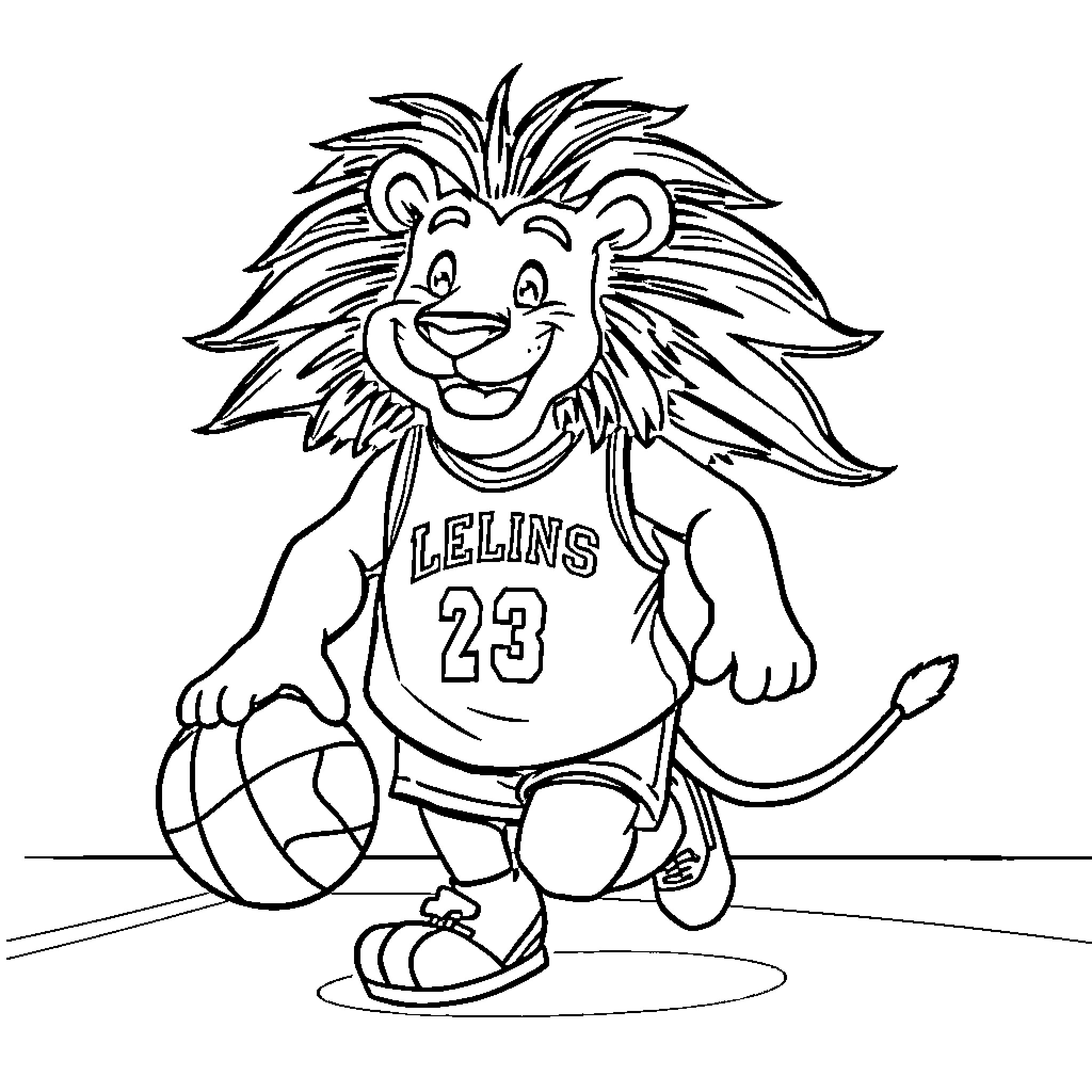 Lion playing basketball happily in uniform Coloring Page (free black-and-white line drawing printable PDF for all, from beginners to advanced learners, including children, teens, adults, and seniors)