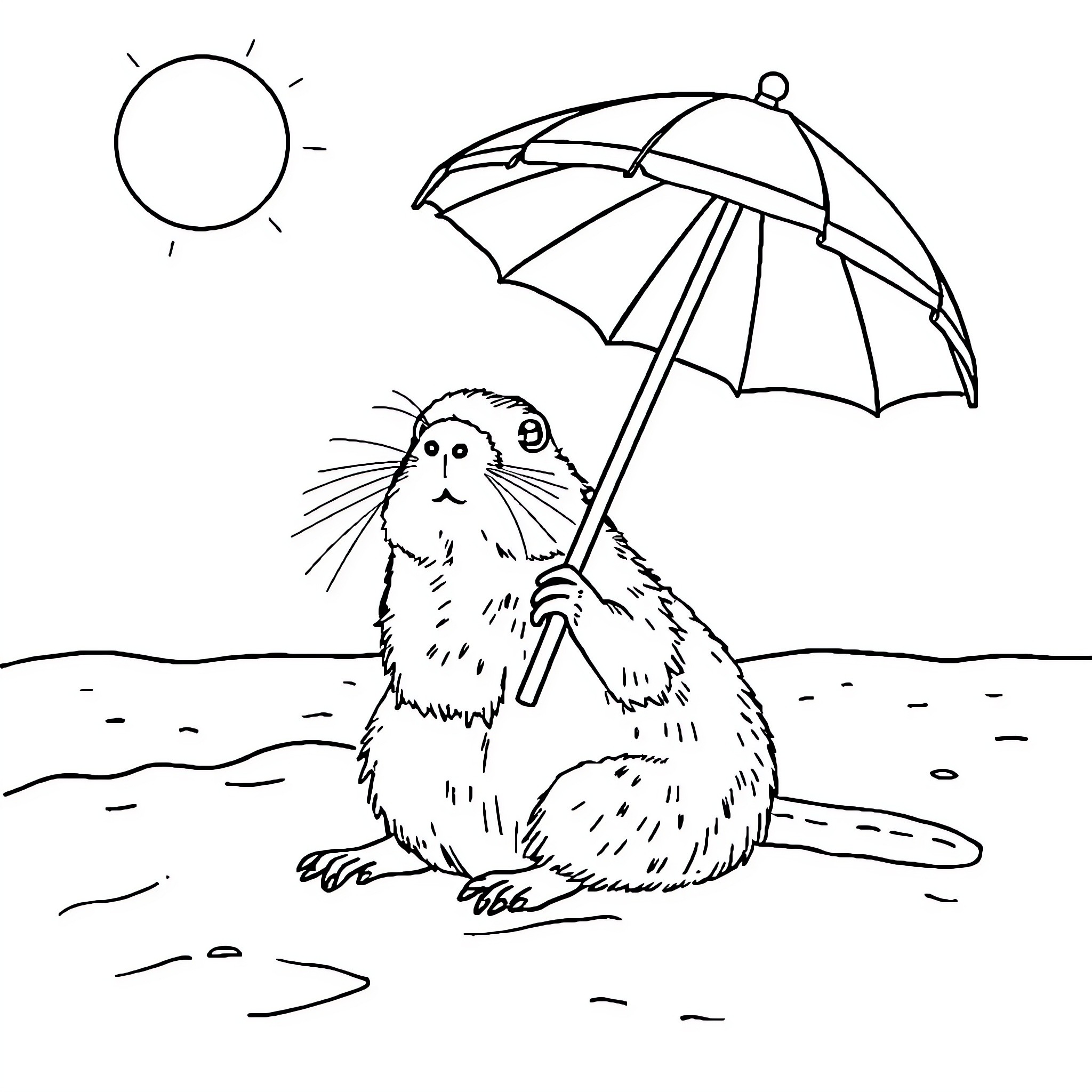 Marmot enjoying a sunny day with umbrella Coloring Page (free black-and-white line drawing printable PDF for all, from beginners to advanced learners, including children, teens, adults, and seniors)