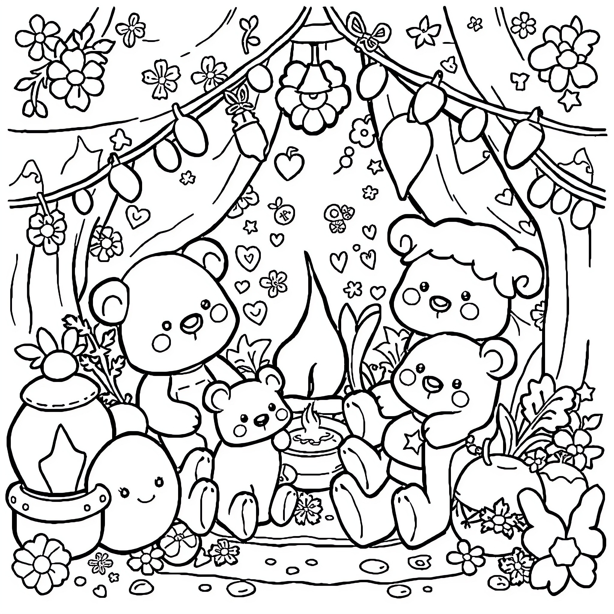 Cozy Teddy Bear Gathering in Floral Garden Coloring Page (free black-and-white line drawing printable PDF for all, from beginners to advanced learners, including children, teens, adults, and seniors)