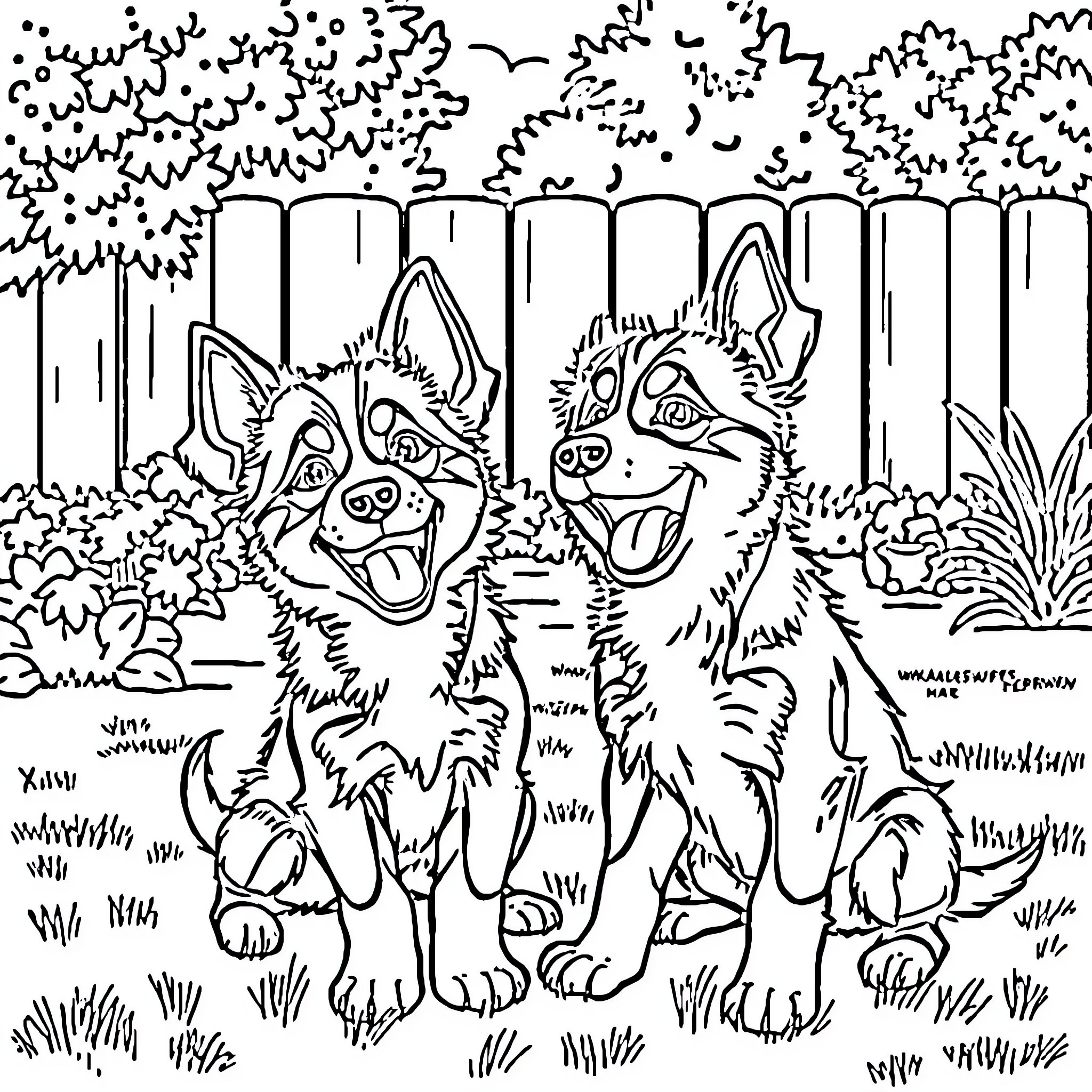 Bluey and Bingo playing in the backyard Coloring Page (free black-and-white line drawing printable PDF for all, from beginners to advanced learners, including children, teens, adults, and seniors)