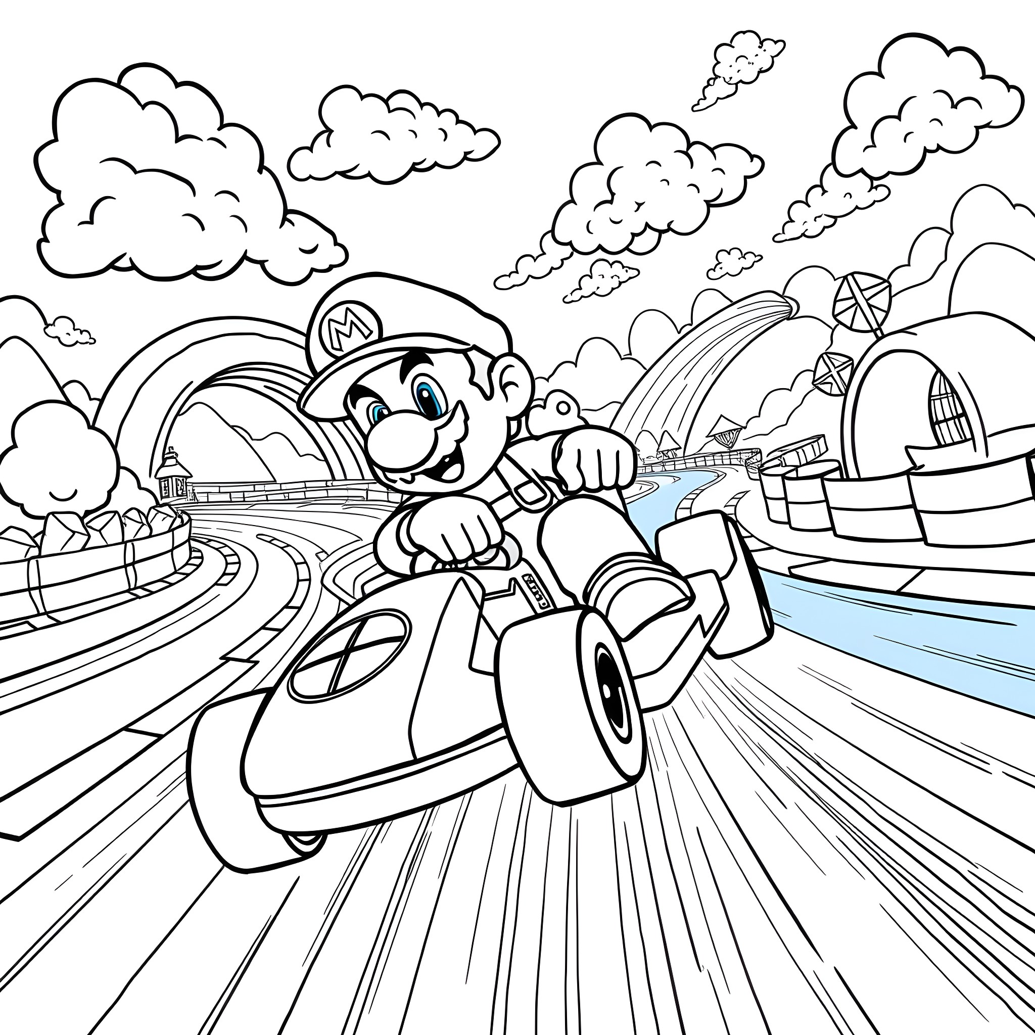 Mario riding a vehicle through a futuristic city Coloring Page (free black-and-white line drawing printable PDF for all, from beginners to advanced learners, including children, teens, adults, and seniors)