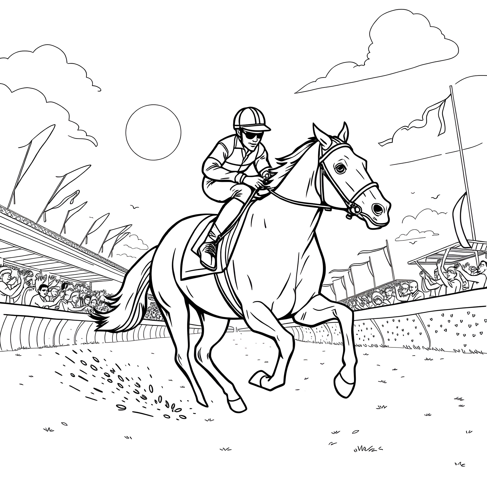 Jockey Riding Horse in Racing Event Coloring Page (free black-and-white line drawing printable PDF for all, from beginners to advanced learners, including children, teens, adults, and seniors)
