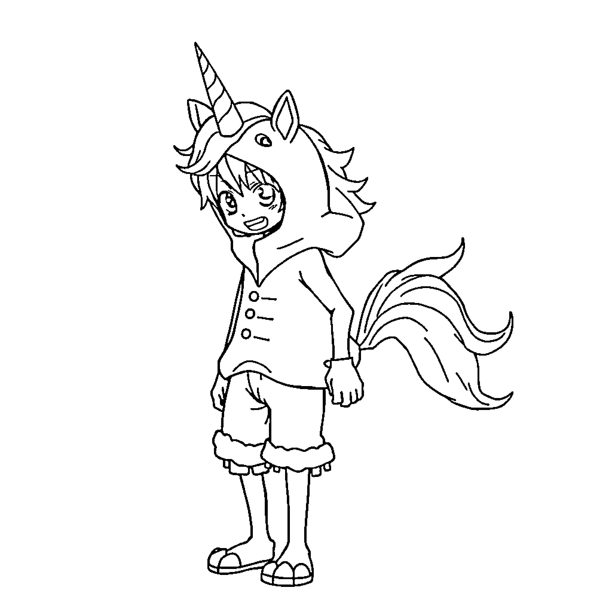Sanji the Unicorn Boy in Whimsical Outfit Coloring Page (free black-and-white line drawing printable PDF for all, from beginners to advanced learners, including children, teens, adults, and seniors)