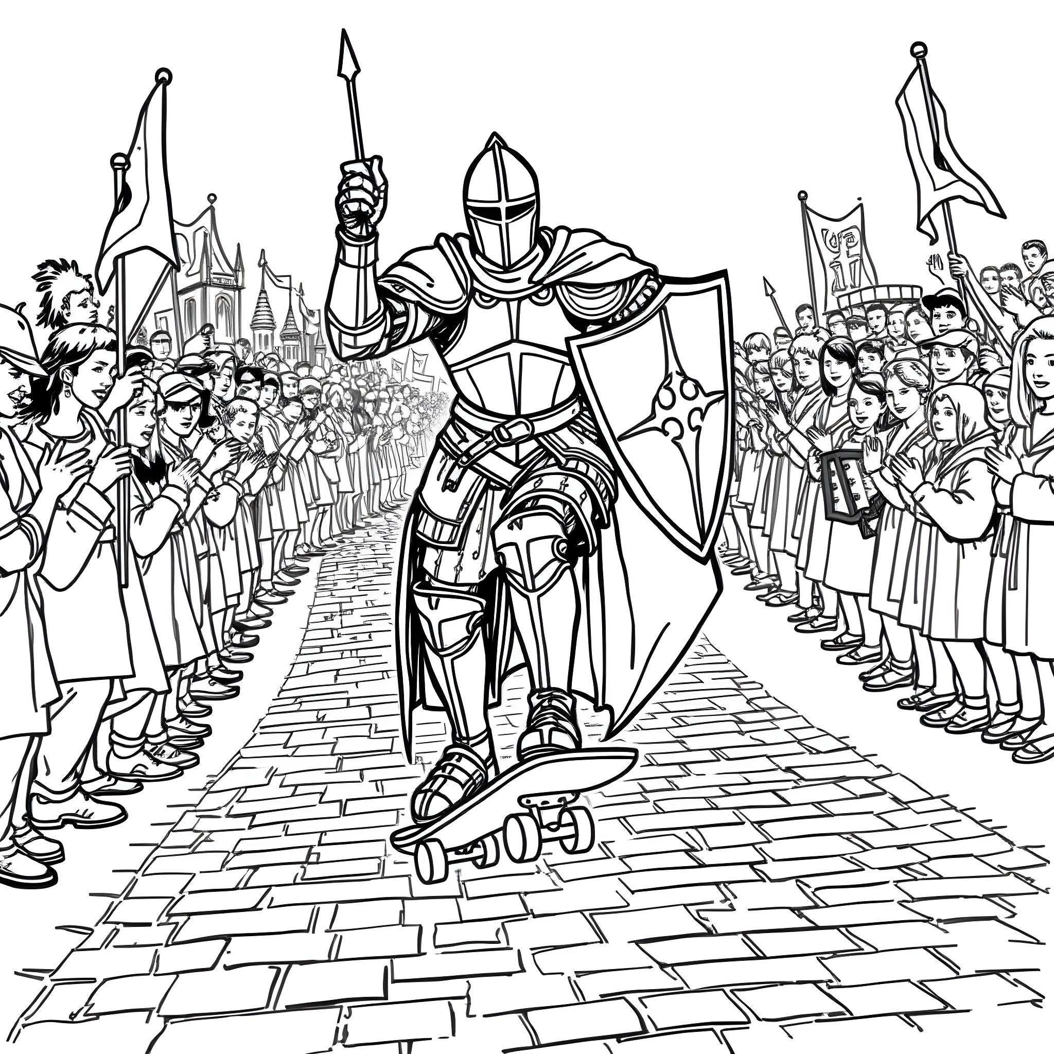 Knight's Triumphant Parade through Cheering Crowds Coloring Page (free black-and-white line drawing printable PDF for all, from beginners to advanced learners, including children, teens, adults, and seniors)