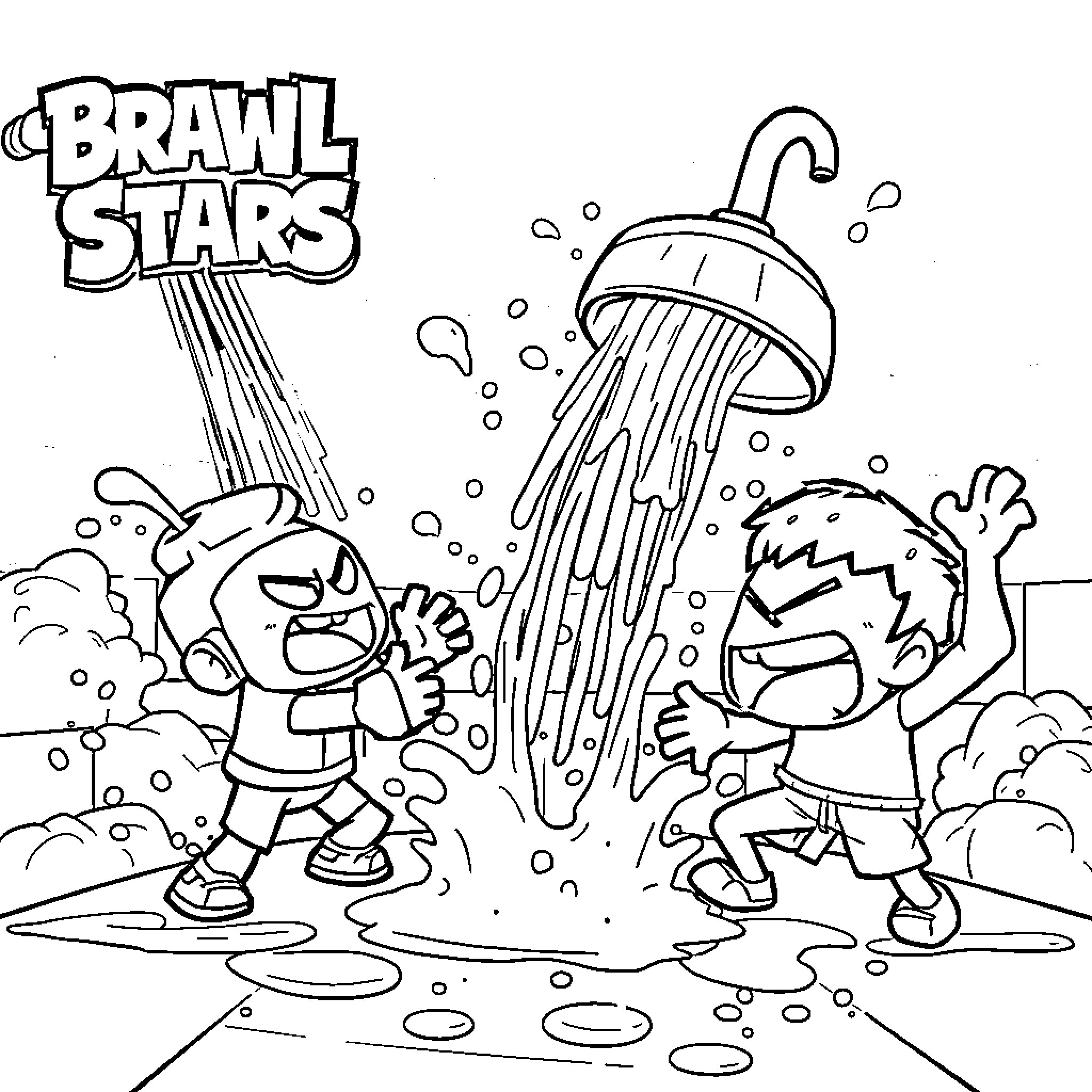 Brawl Stars characters enjoying a shower Coloring Page (free black-and-white line drawing printable PDF for all, from beginners to advanced learners, including children, teens, adults, and seniors)