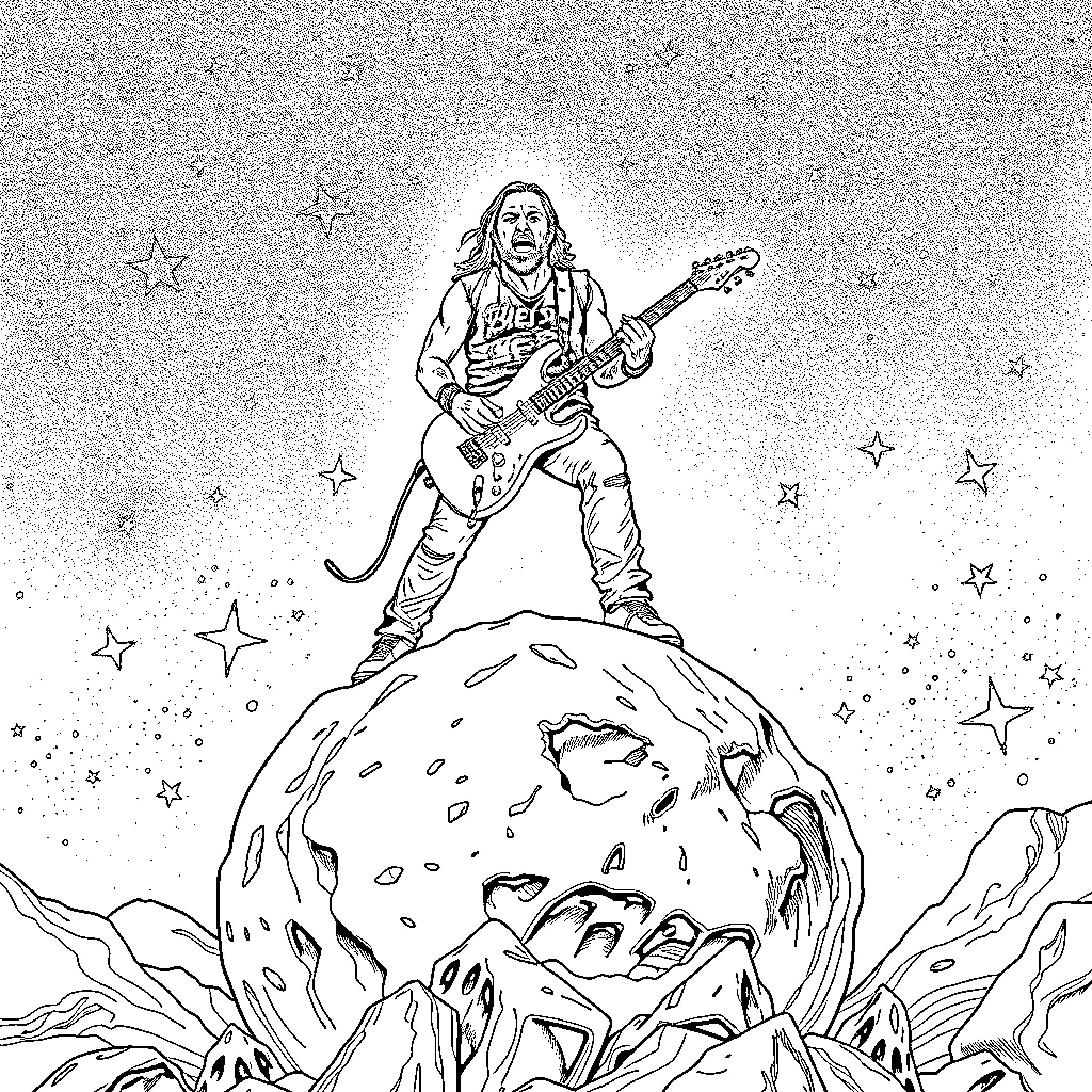 James Hetfield performing on a cosmic stage Coloring Page (free black-and-white line drawing printable PDF for all, from beginners to advanced learners, including children, teens, adults, and seniors)