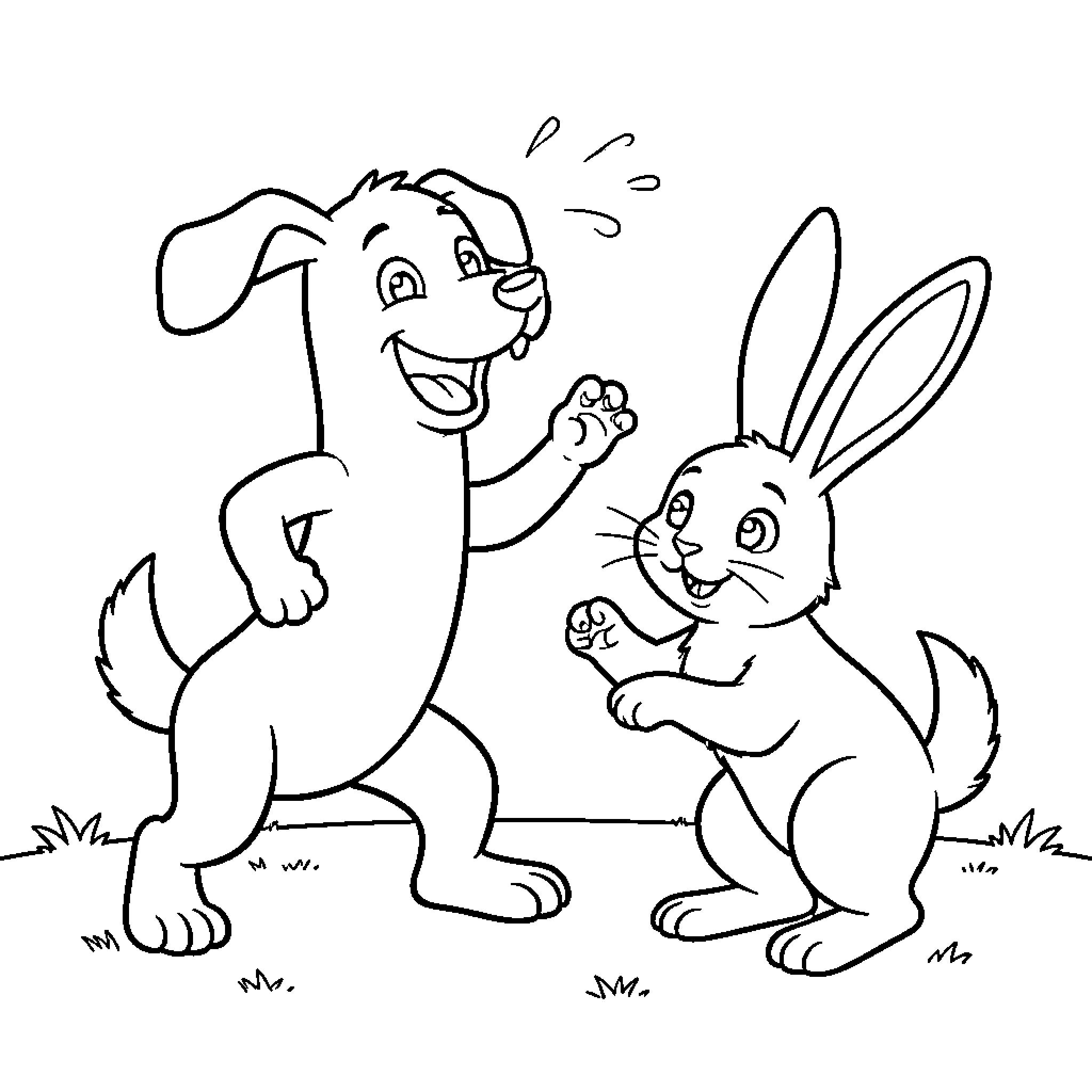 Perro and rabbit playing together happily in the field Coloring Page (free black-and-white line drawing printable PDF for all, from beginners to advanced learners, including children, teens, adults, and seniors)
