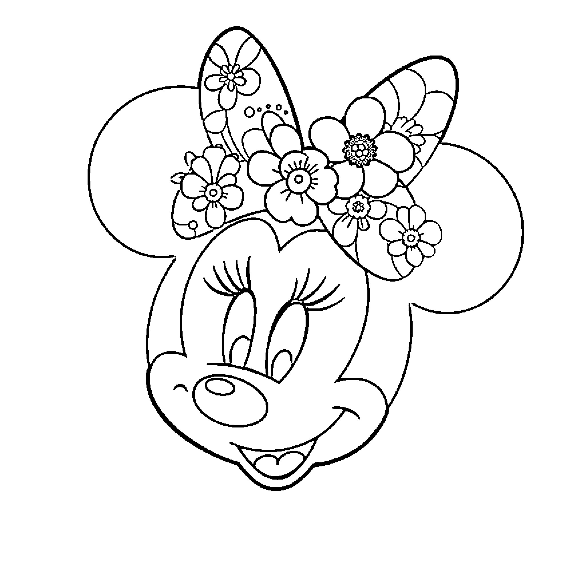 Minnie Mouse with Floral Headband Coloring Page (free black-and-white line drawing printable PDF for all, from beginners to advanced learners, including children, teens, adults, and seniors)